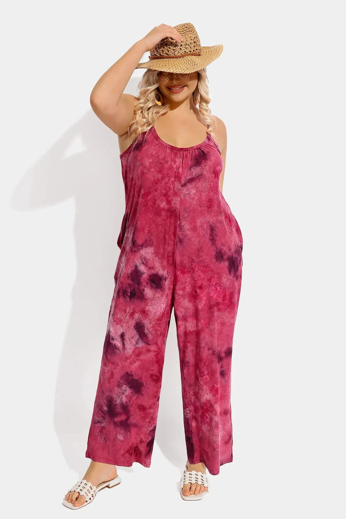 Ritera Spaghetti Strap Loose Tie-dye Jumpsuit with Pockets