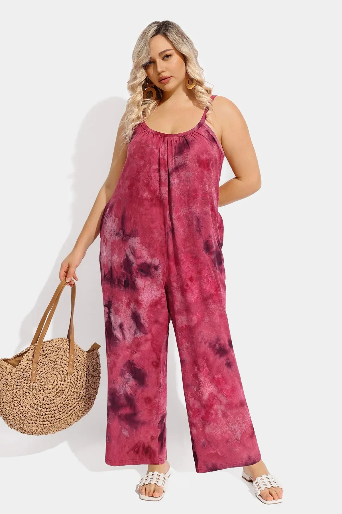 Ritera Spaghetti Strap Loose Tie-dye Jumpsuit with Pockets