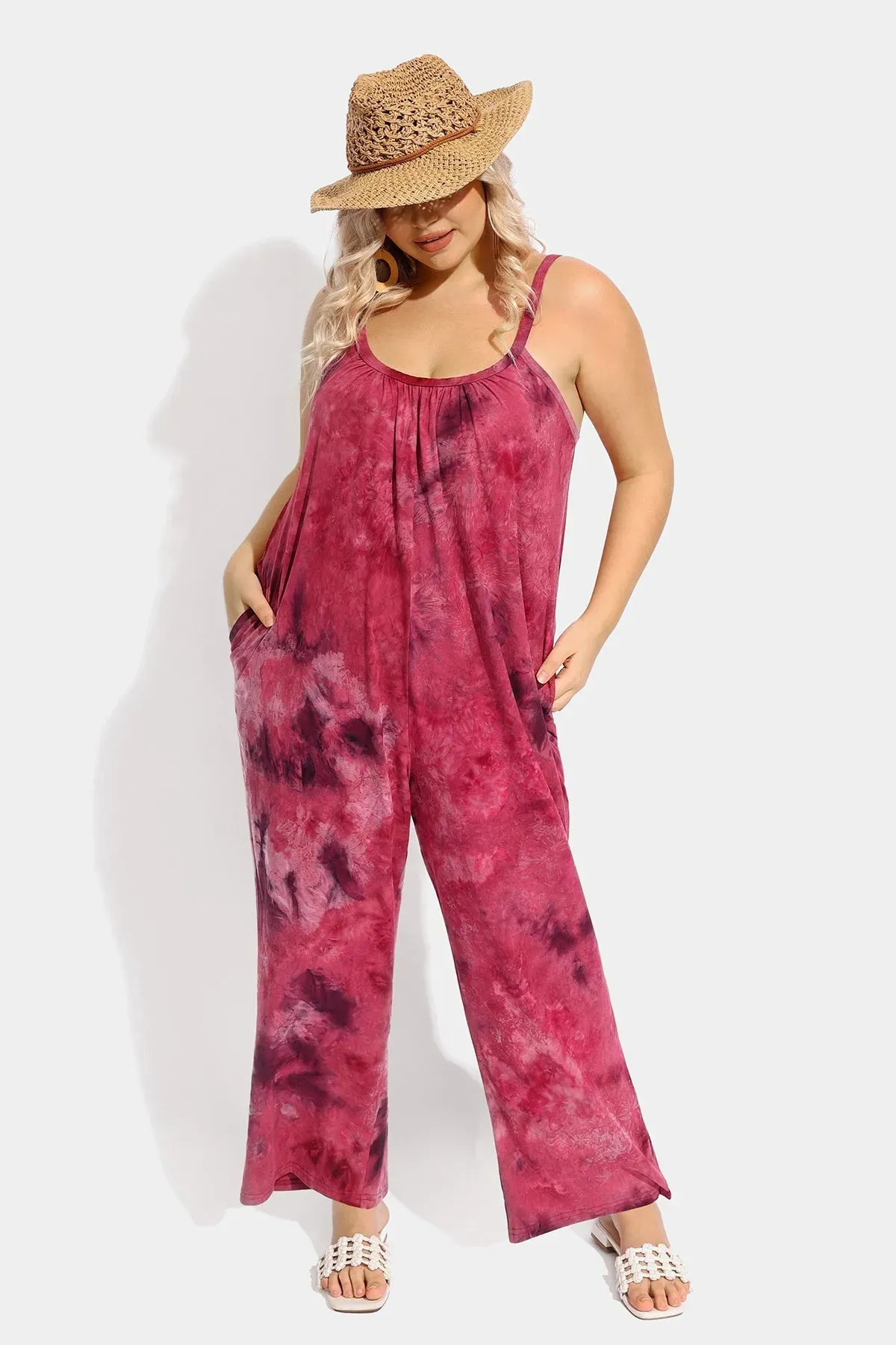 Ritera Spaghetti Strap Loose Tie-dye Jumpsuit with Pockets