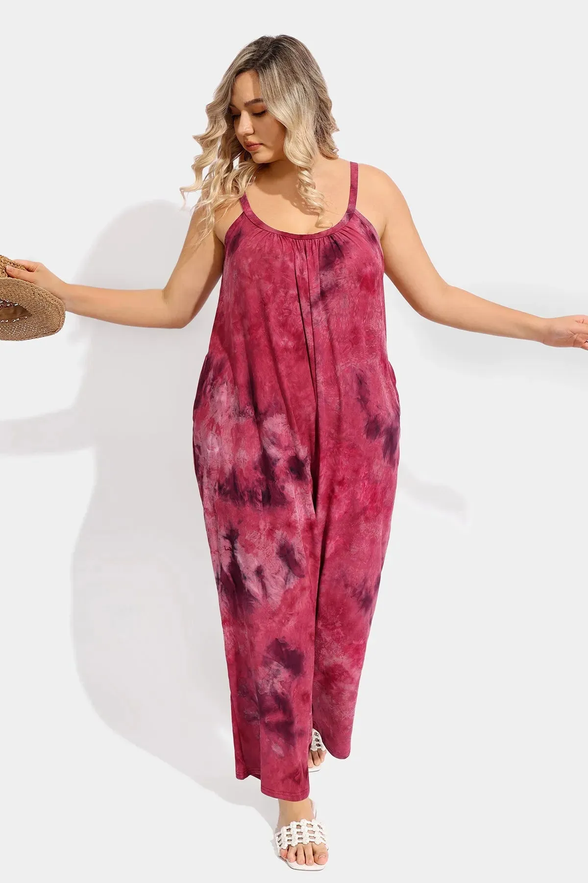 Ritera Spaghetti Strap Loose Tie-dye Jumpsuit with Pockets