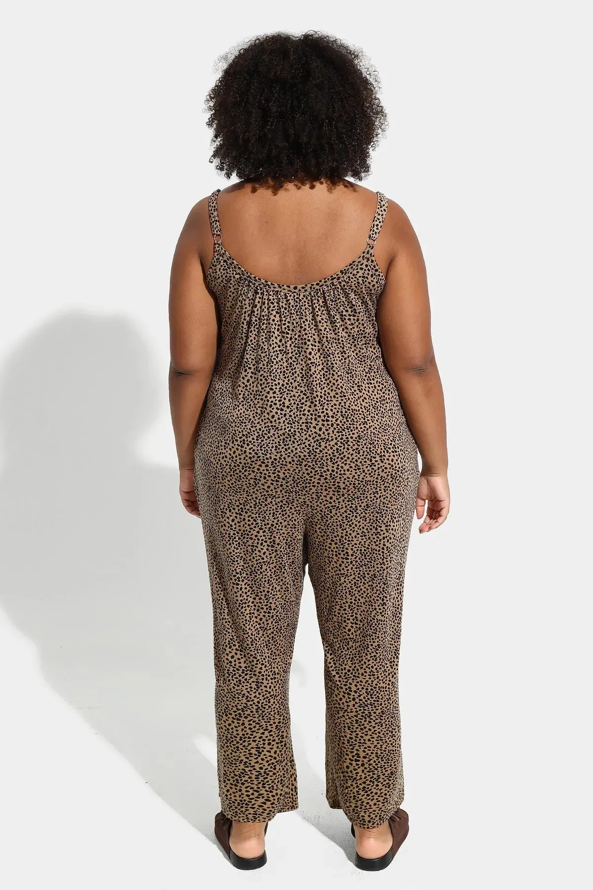 Ritera Spaghetti Strap Wide Leg Leopard Jumpsuit with Pockets