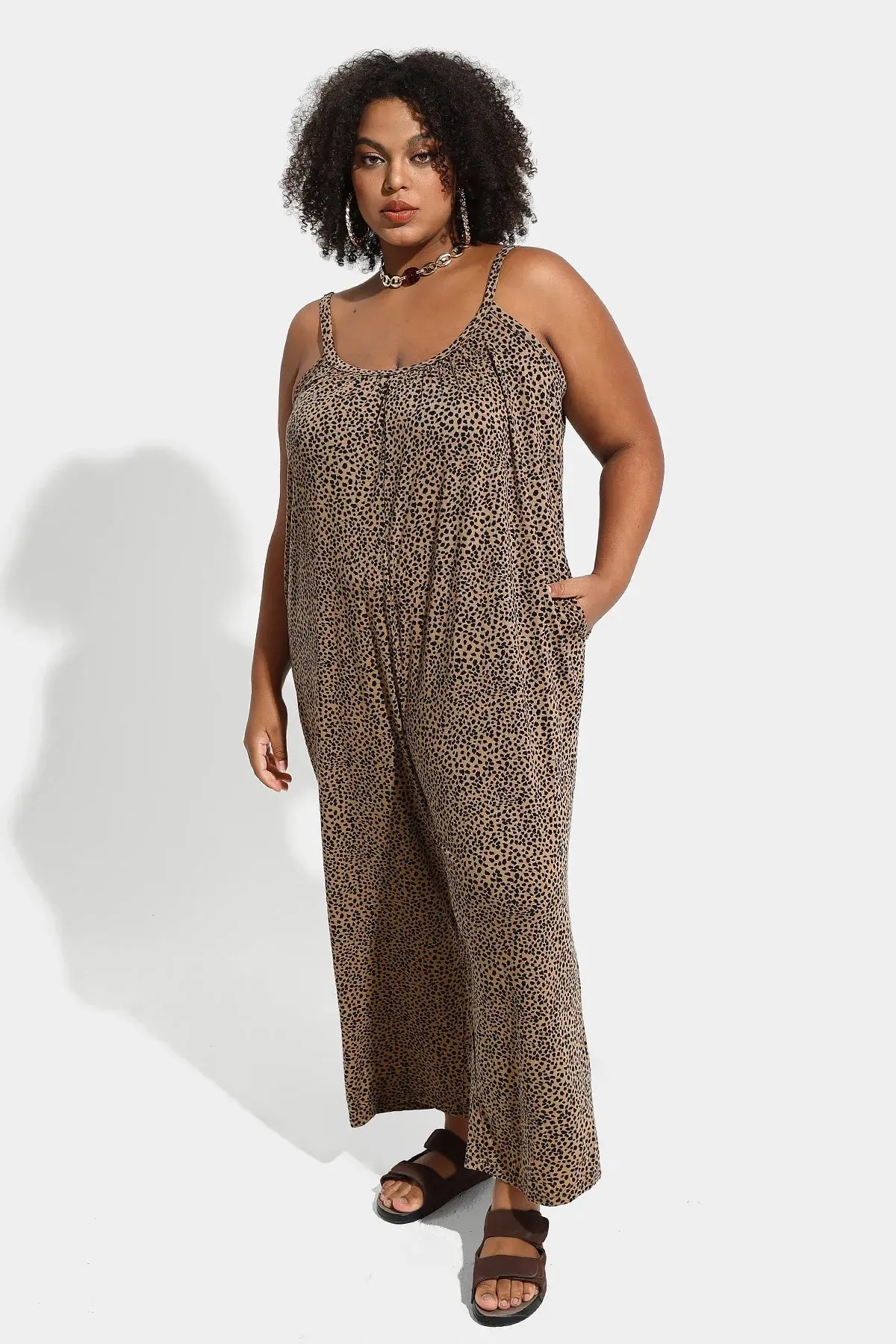 Ritera Spaghetti Strap Wide Leg Leopard Jumpsuit with Pockets