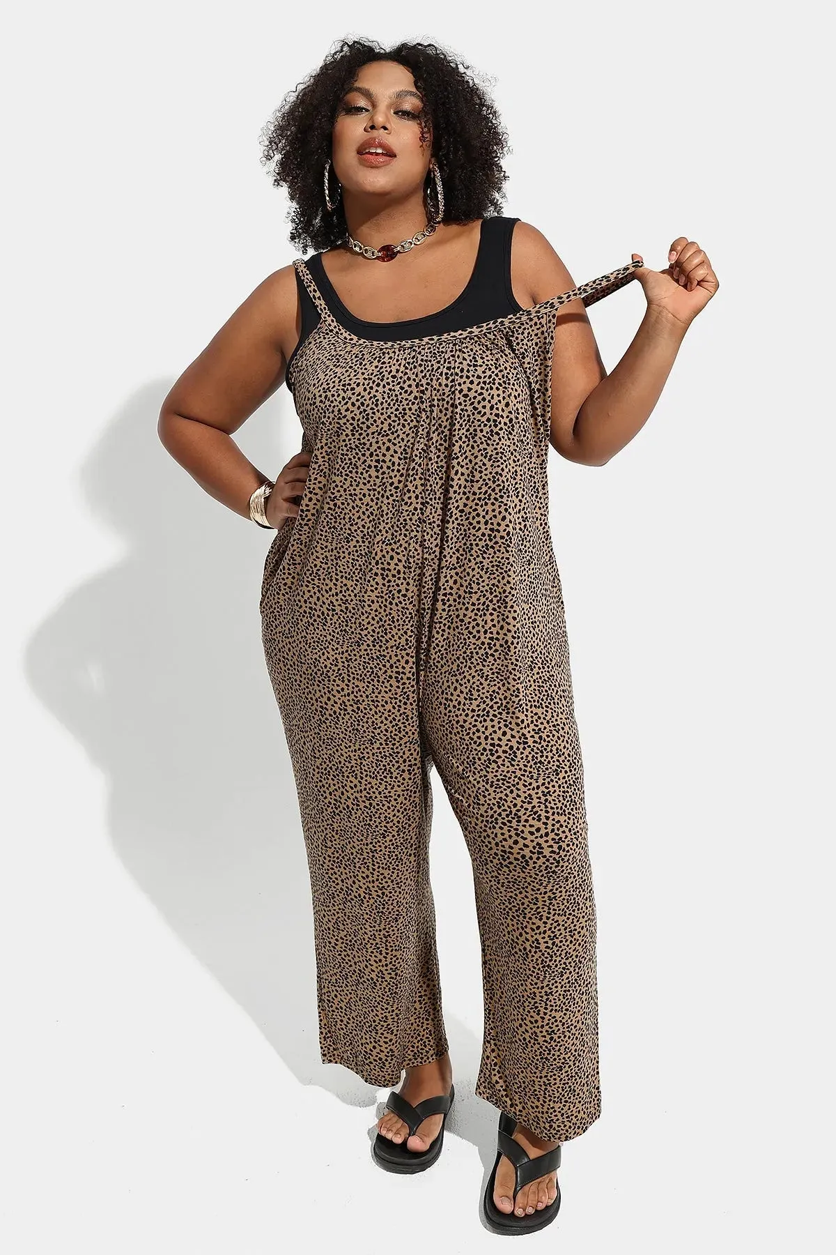 Ritera Spaghetti Strap Wide Leg Leopard Jumpsuit with Pockets