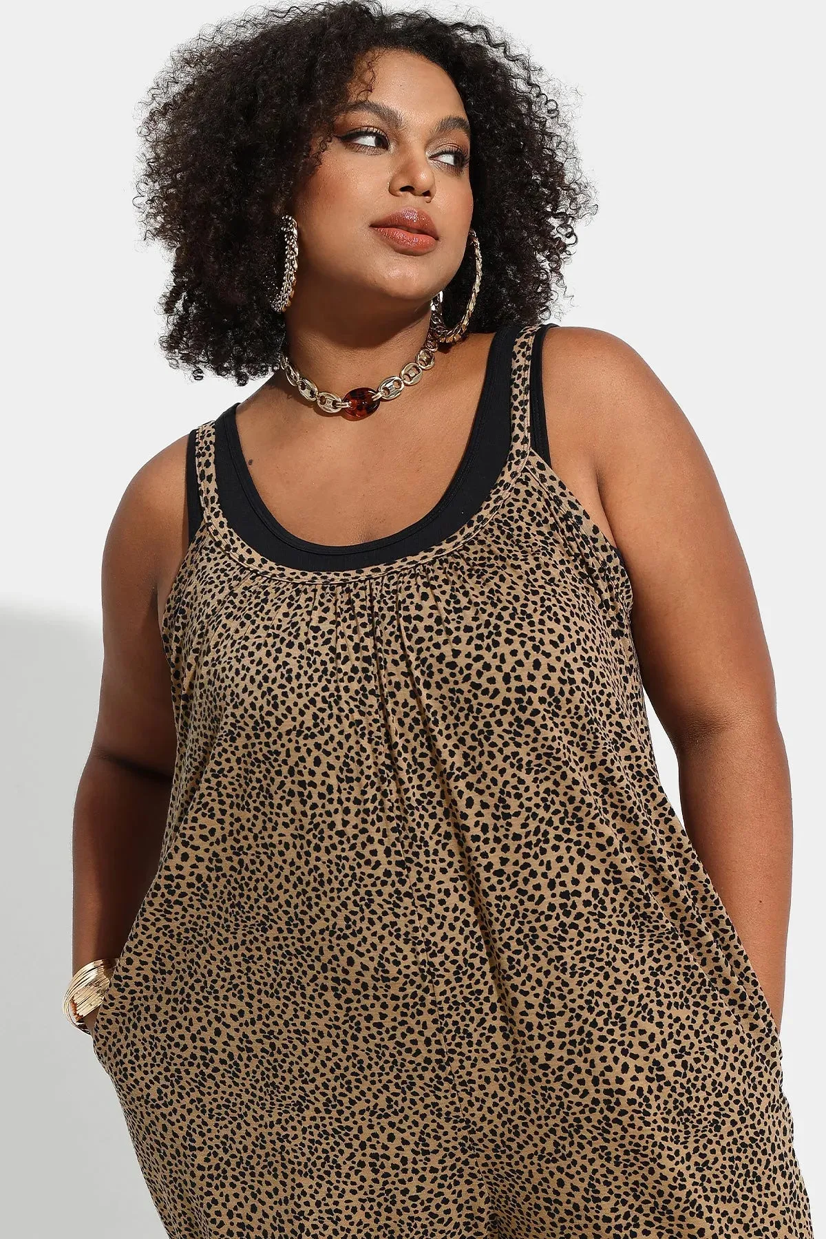 Ritera Spaghetti Strap Wide Leg Leopard Jumpsuit with Pockets