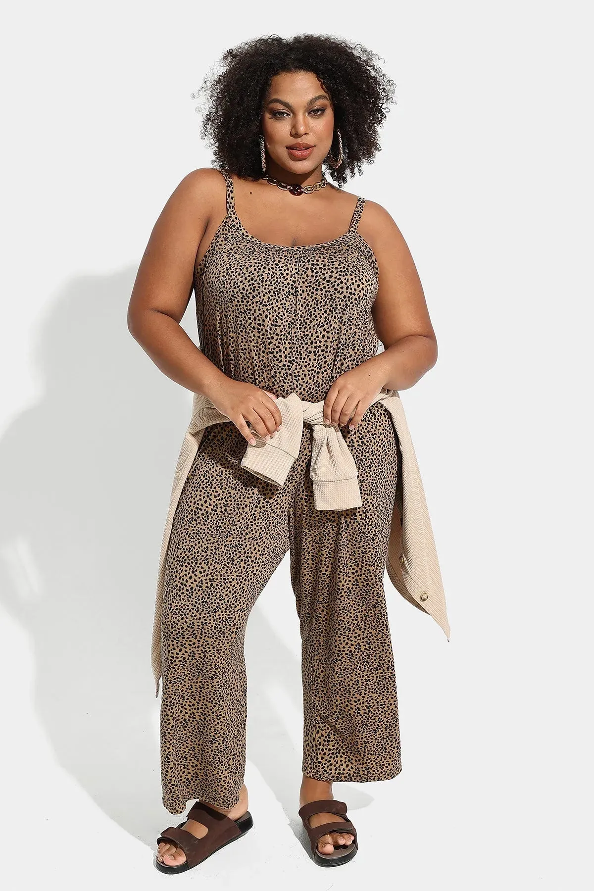 Ritera Spaghetti Strap Wide Leg Leopard Jumpsuit with Pockets