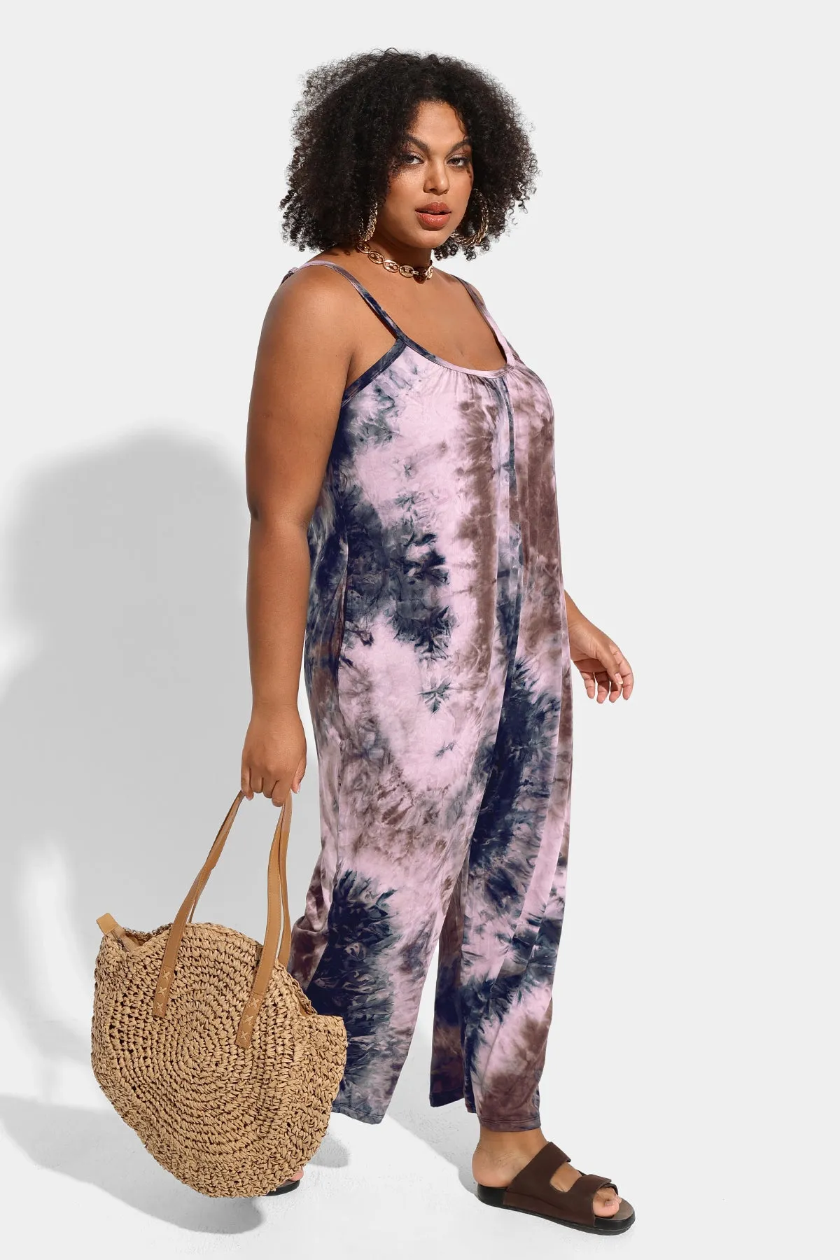 Ritera Spaghetti Strap Wide Leg Tie Dye Jumpsuit with Pockets