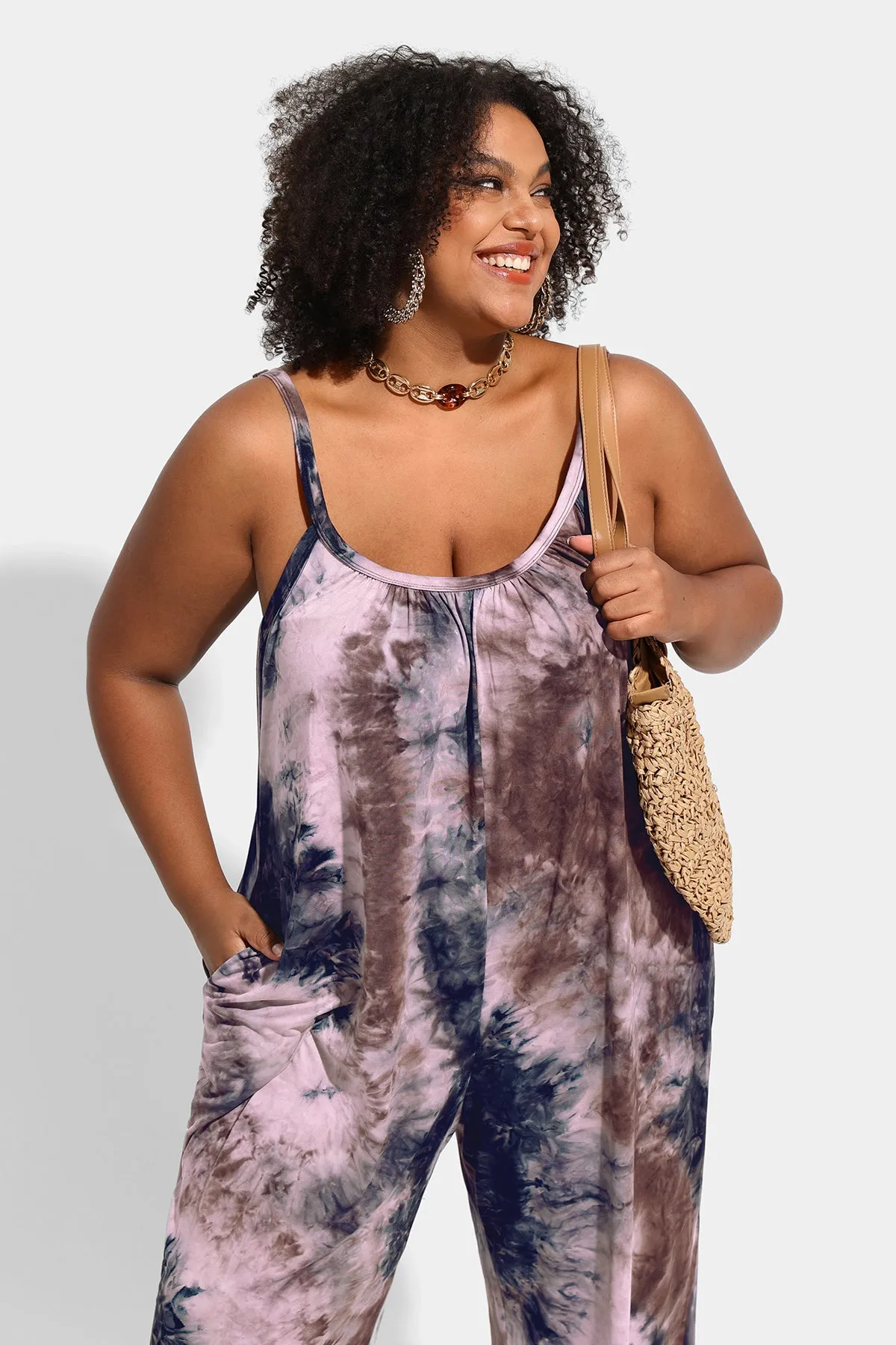 Ritera Spaghetti Strap Wide Leg Tie Dye Jumpsuit with Pockets