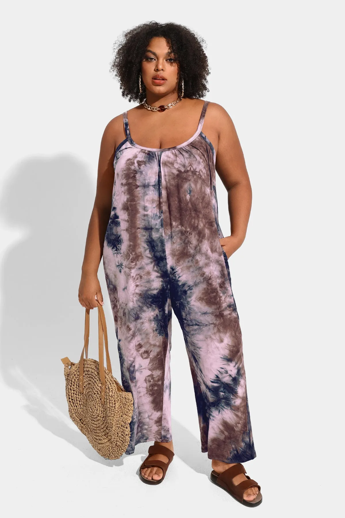 Ritera Spaghetti Strap Wide Leg Tie Dye Jumpsuit with Pockets