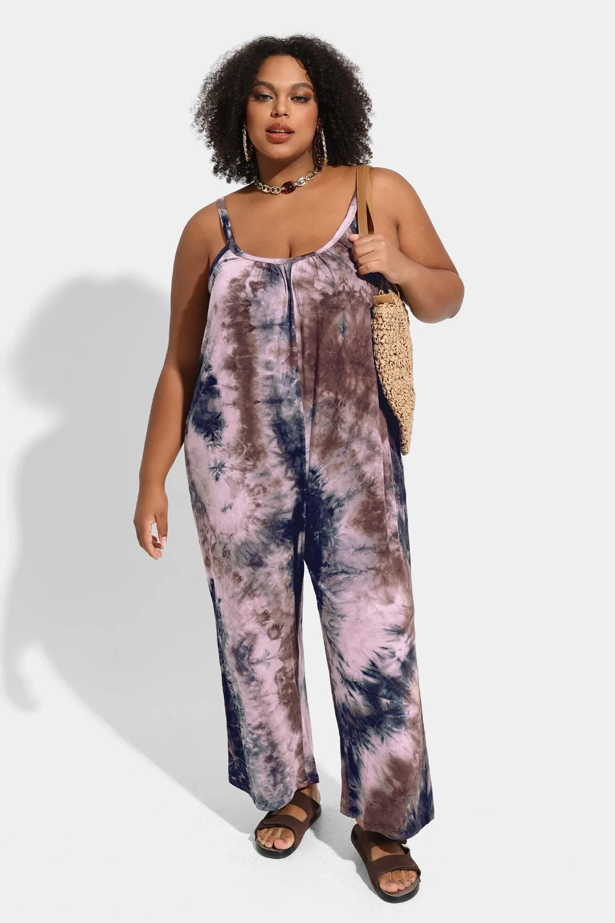 Ritera Spaghetti Strap Wide Leg Tie Dye Jumpsuit with Pockets