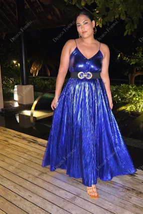 Royal Blue Pleated Metal V-neck Ankle Length Designer Prom Dress