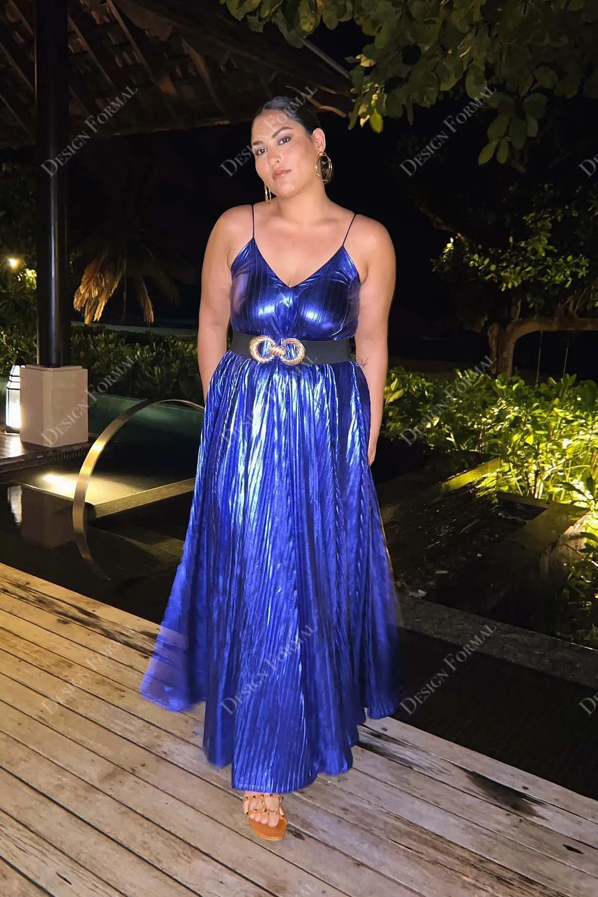 Royal Blue Pleated Metal V-neck Ankle Length Designer Prom Dress