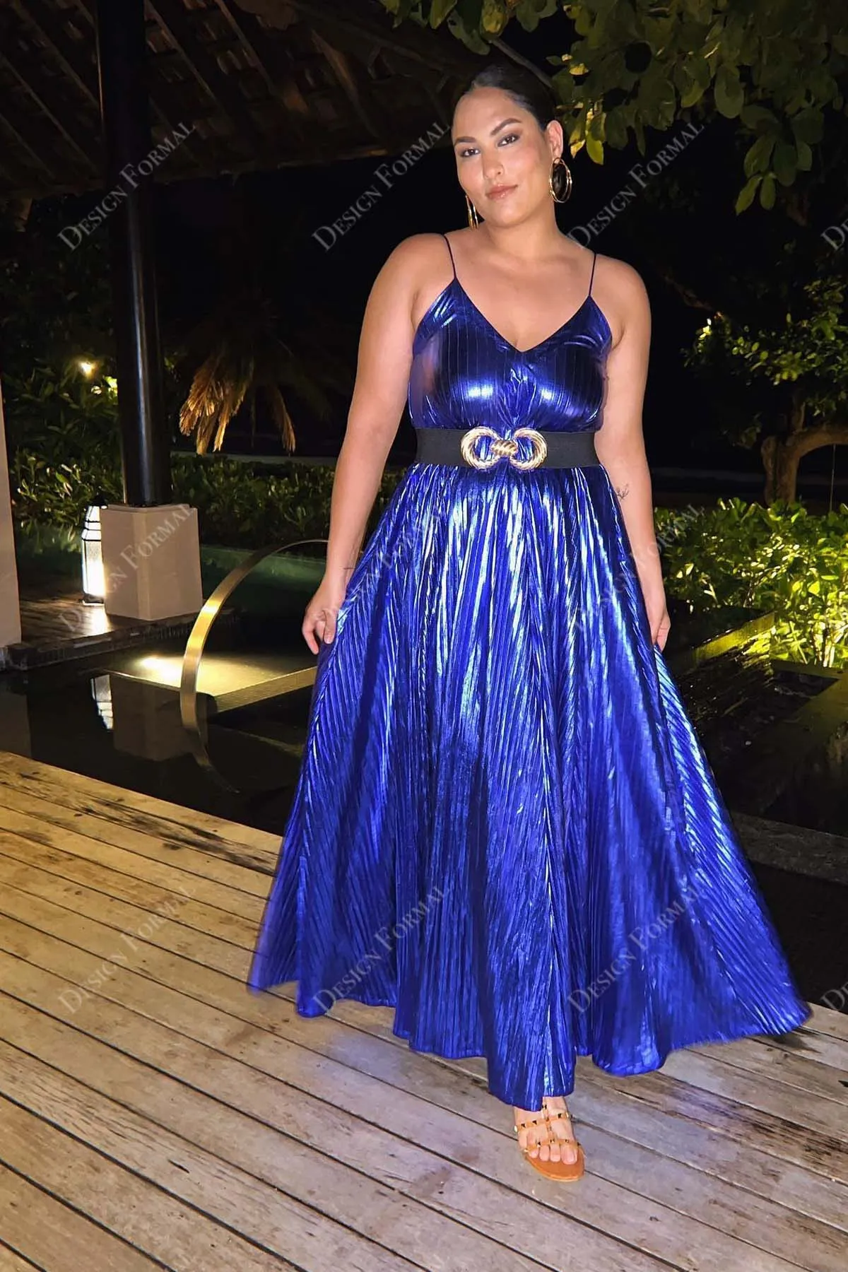 Royal Blue Pleated Metal V-neck Ankle Length Designer Prom Dress