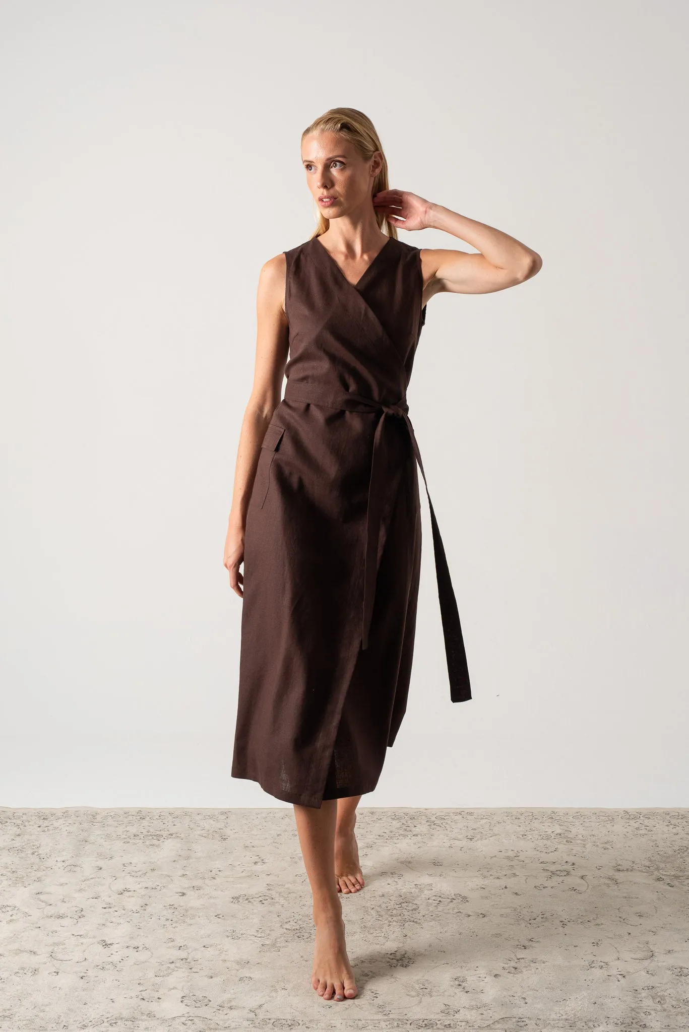 Safari Linen Wrap Dress Brown Espresso