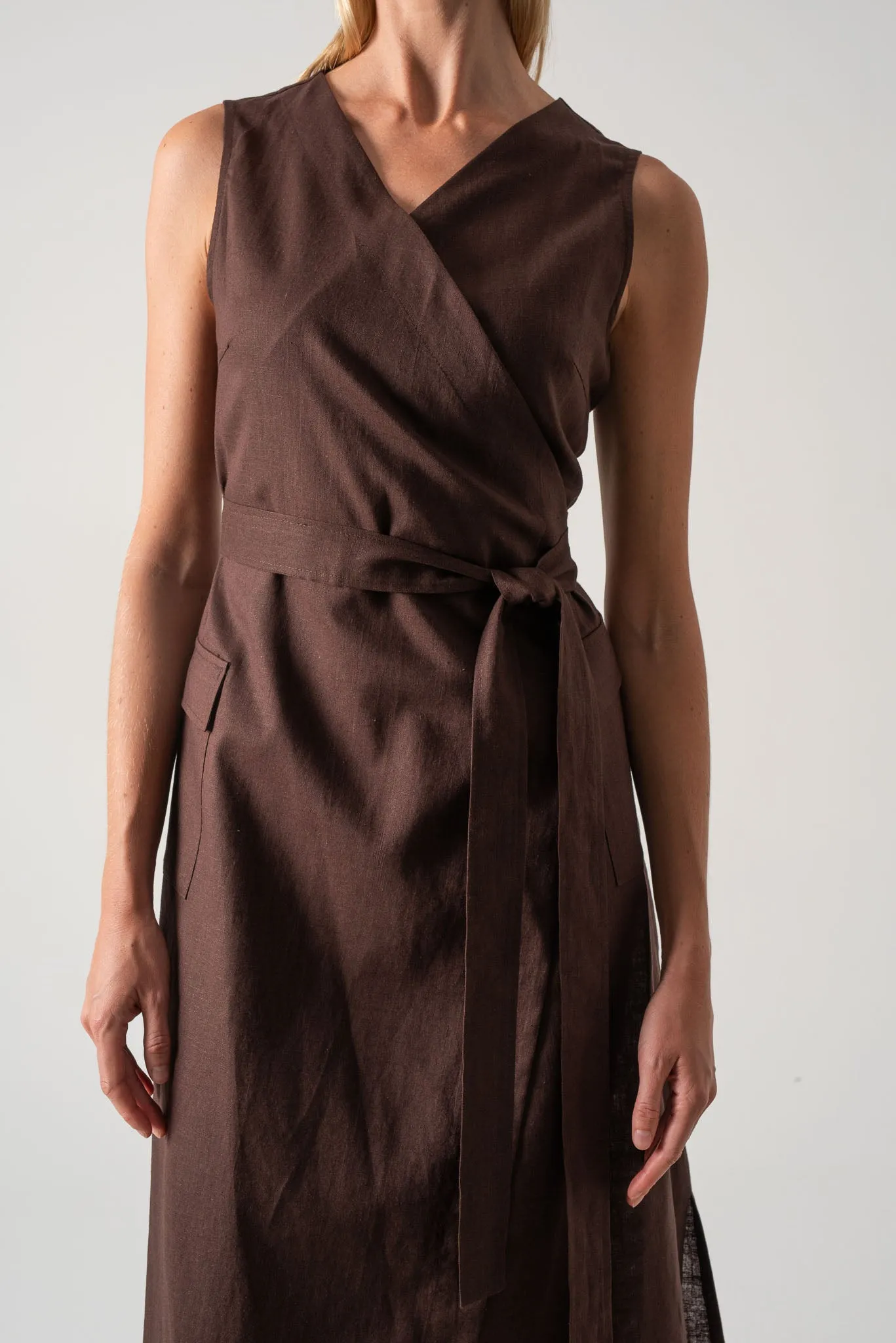 Safari Linen Wrap Dress Brown Espresso