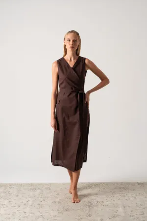 Safari Linen Wrap Dress Brown Espresso