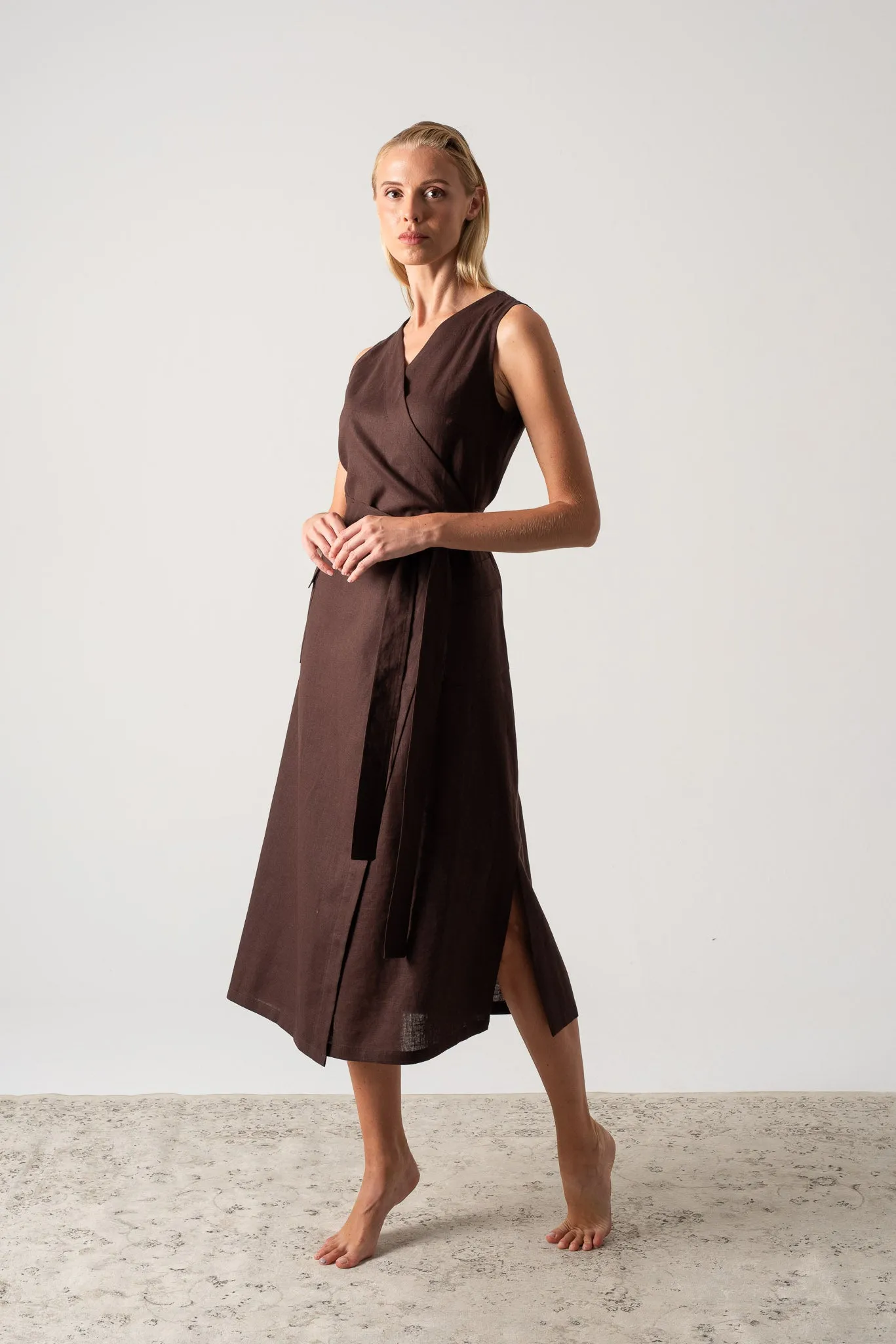 Safari Linen Wrap Dress Brown Espresso