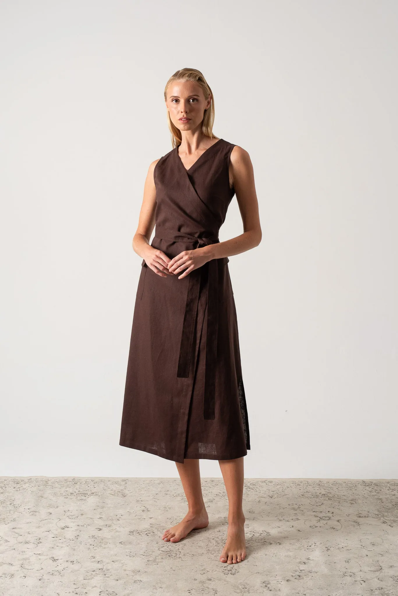 Safari Linen Wrap Dress Brown Espresso