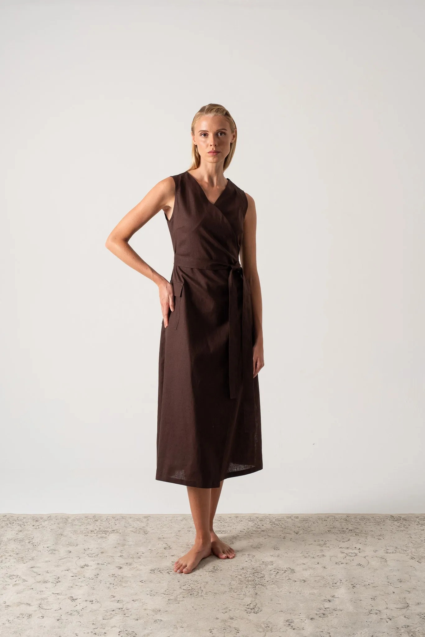 Safari Linen Wrap Dress Brown Espresso