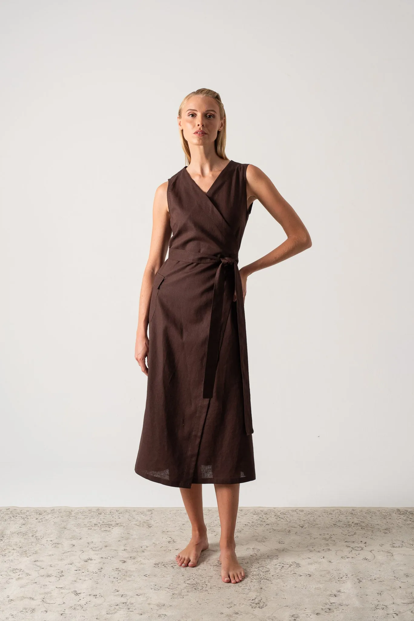 Safari Linen Wrap Dress Brown Espresso