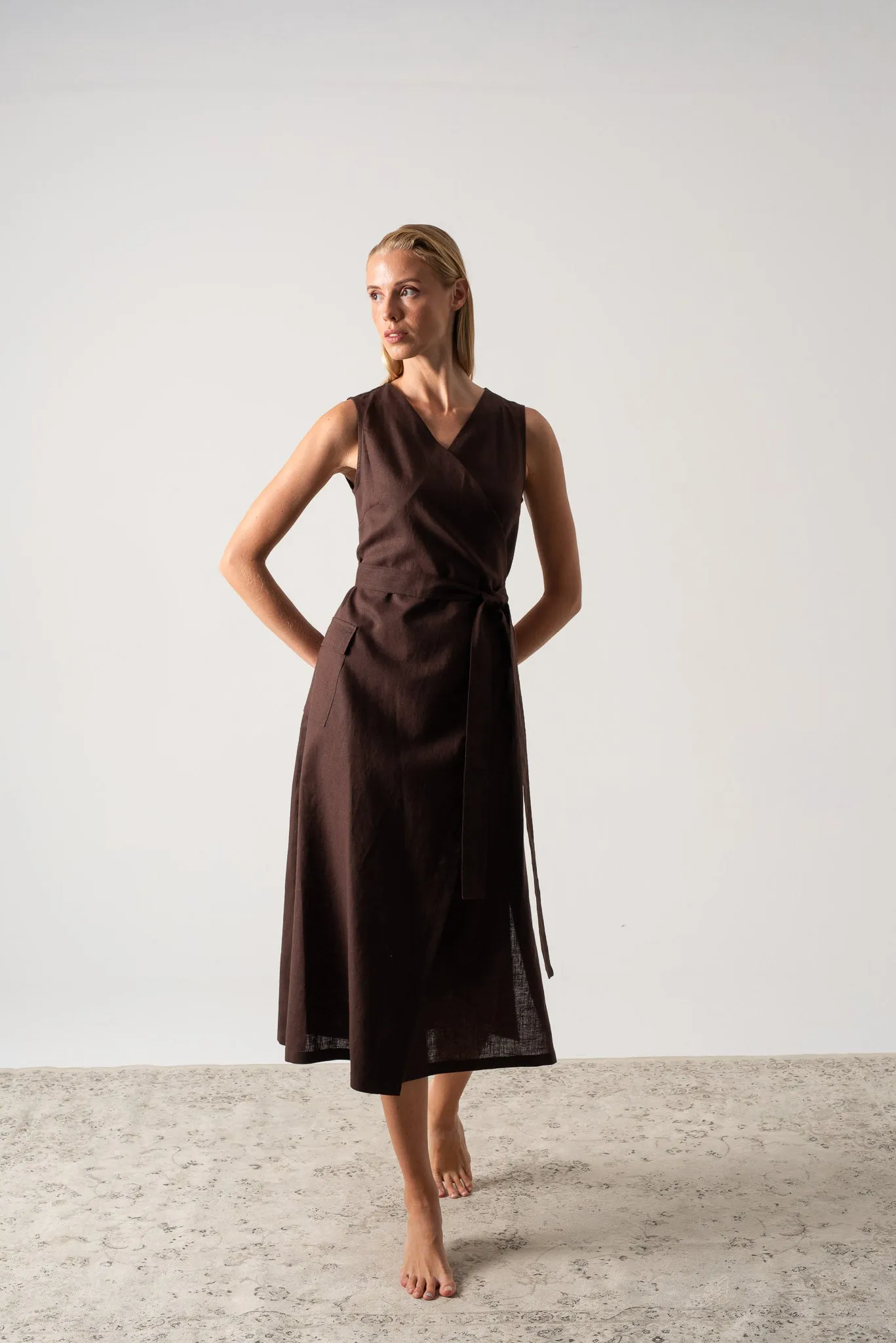 Safari Linen Wrap Dress Brown Espresso