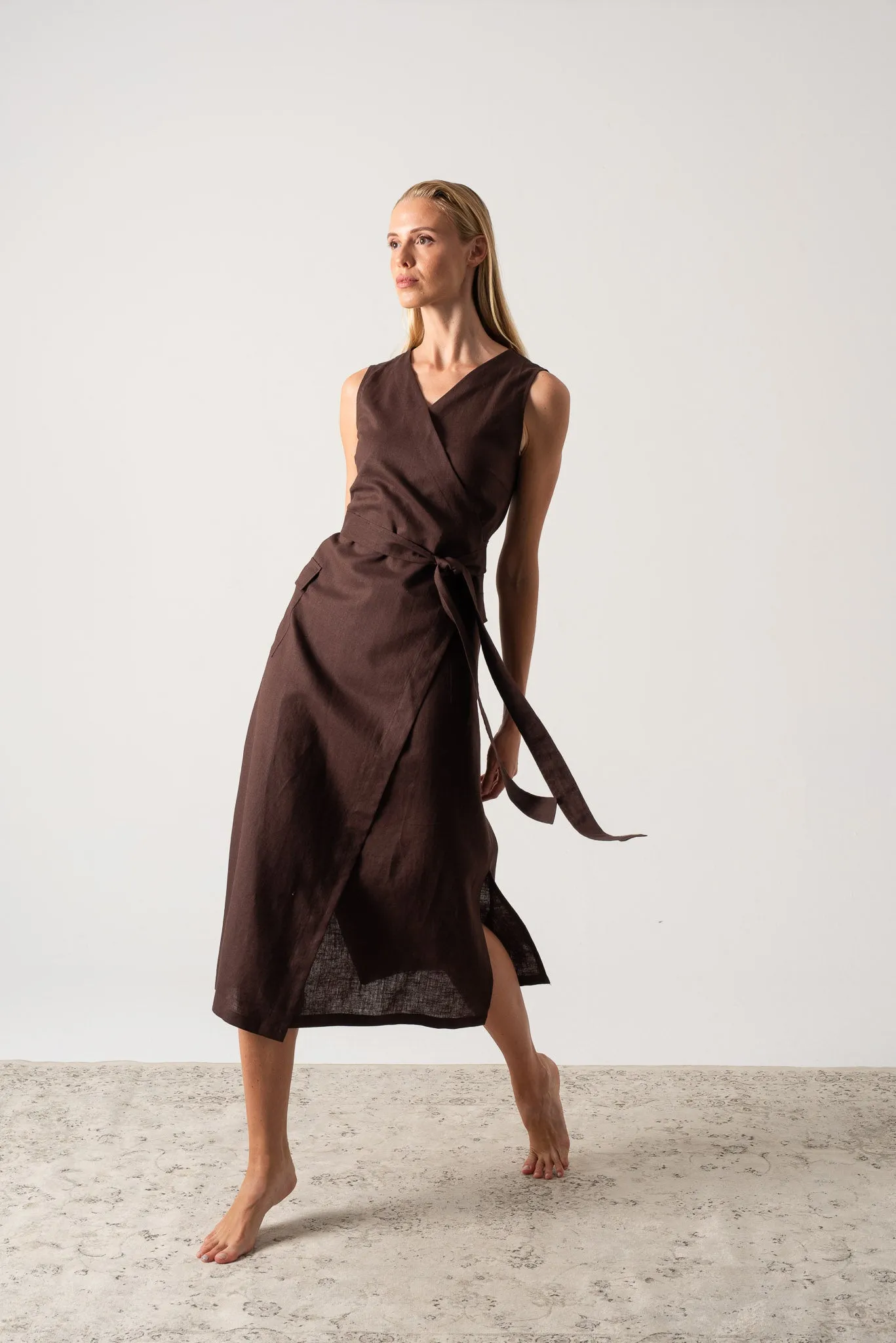 Safari Linen Wrap Dress Brown Espresso