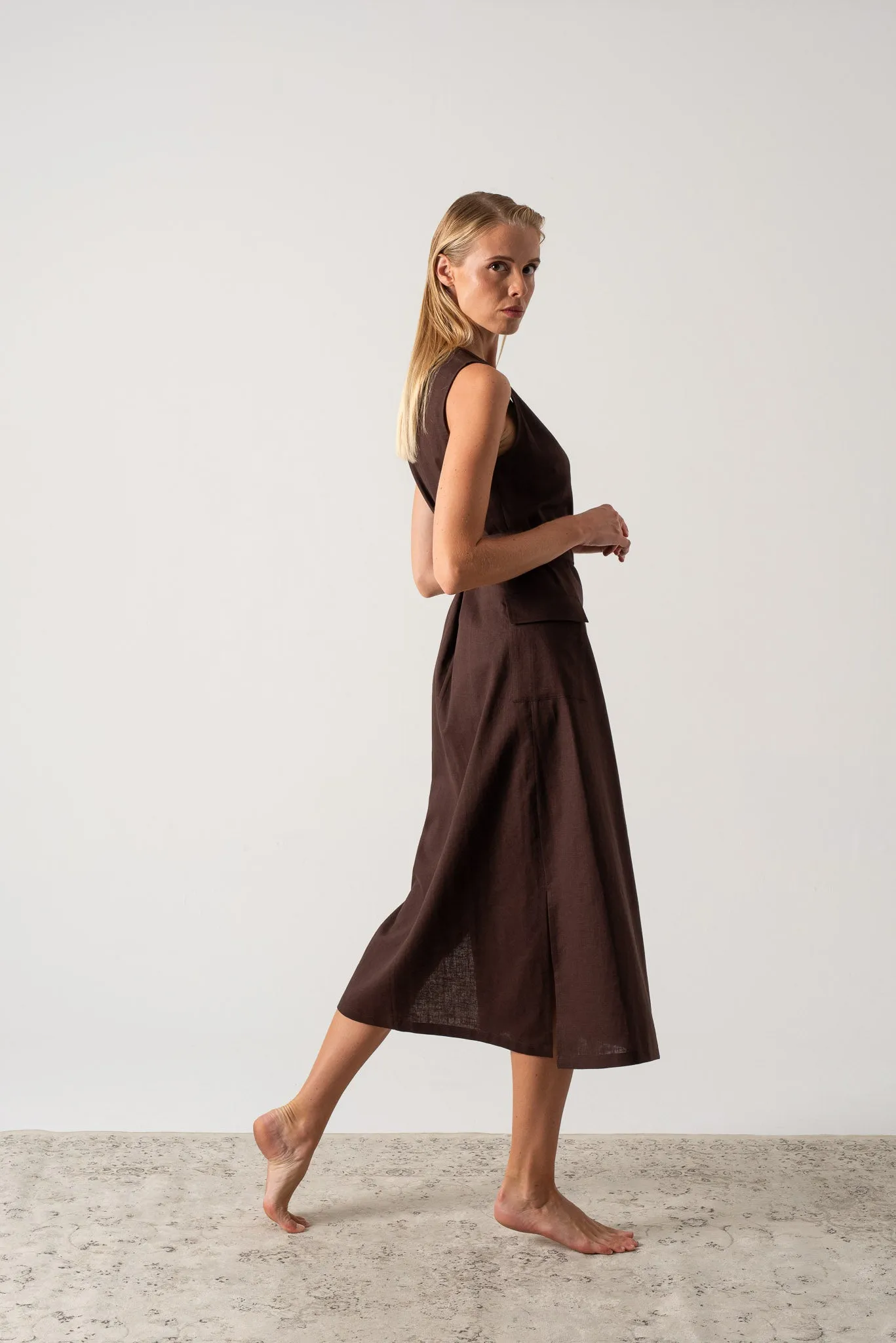 Safari Linen Wrap Dress Brown Espresso