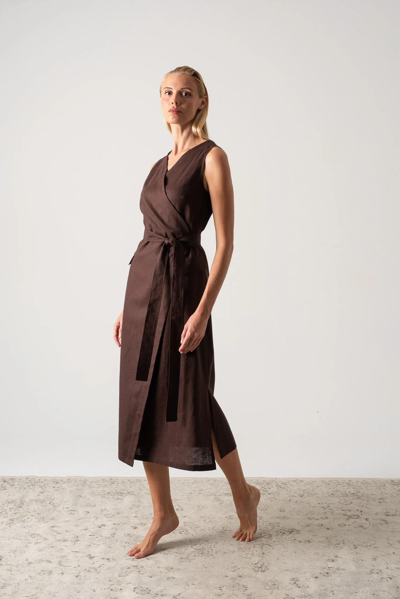 Safari Linen Wrap Dress Brown Espresso