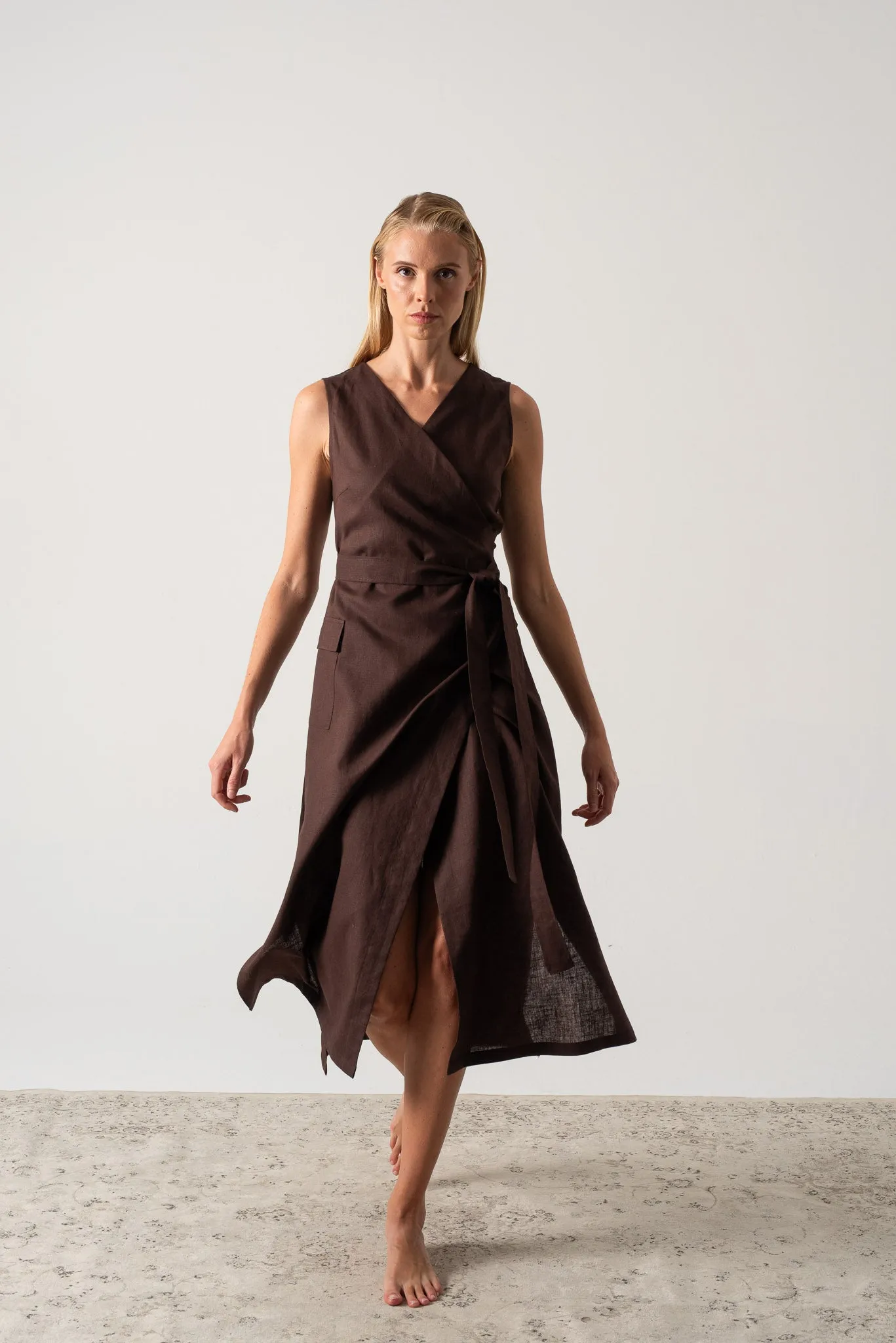 Safari Linen Wrap Dress Brown Espresso