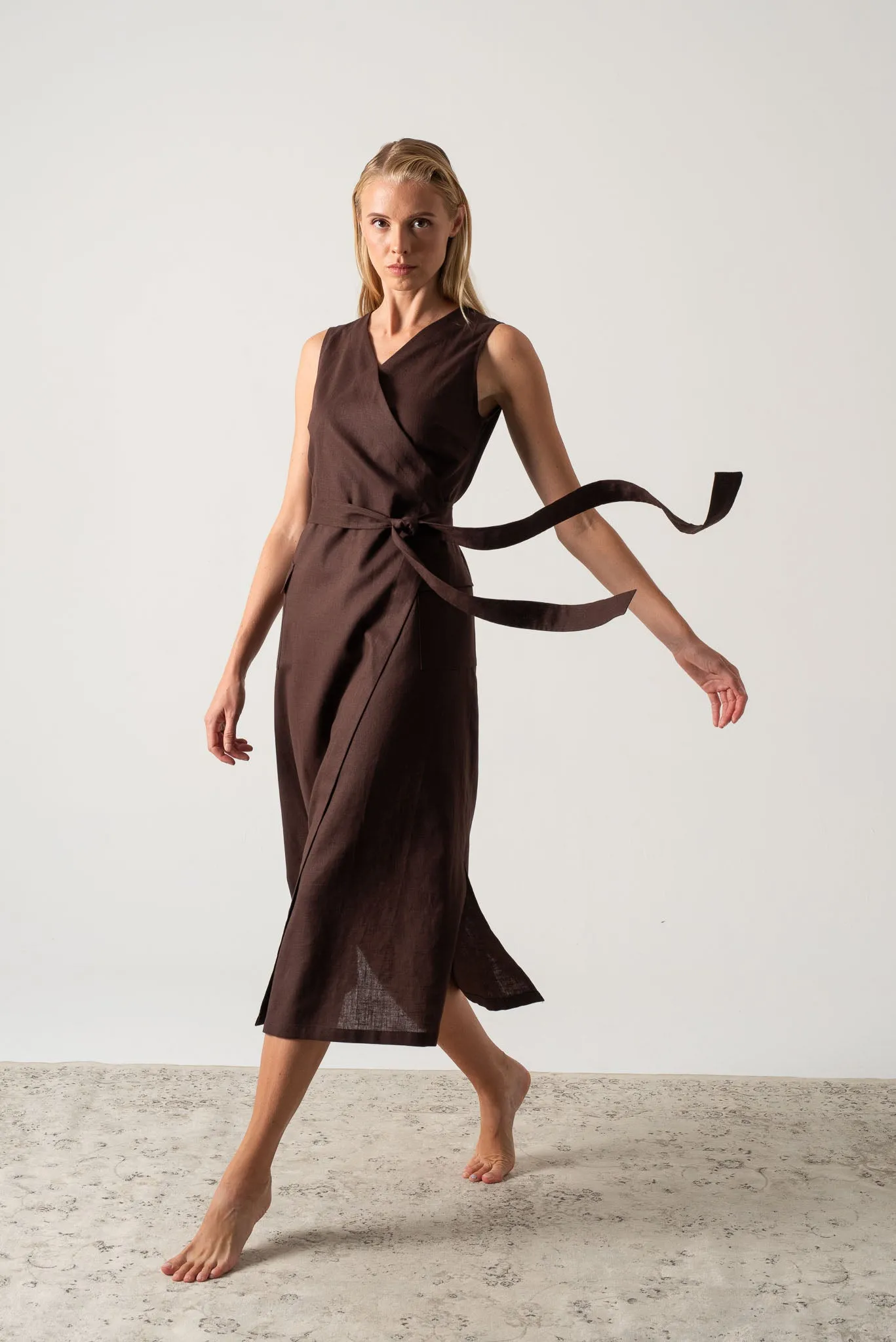 Safari Linen Wrap Dress Brown Espresso