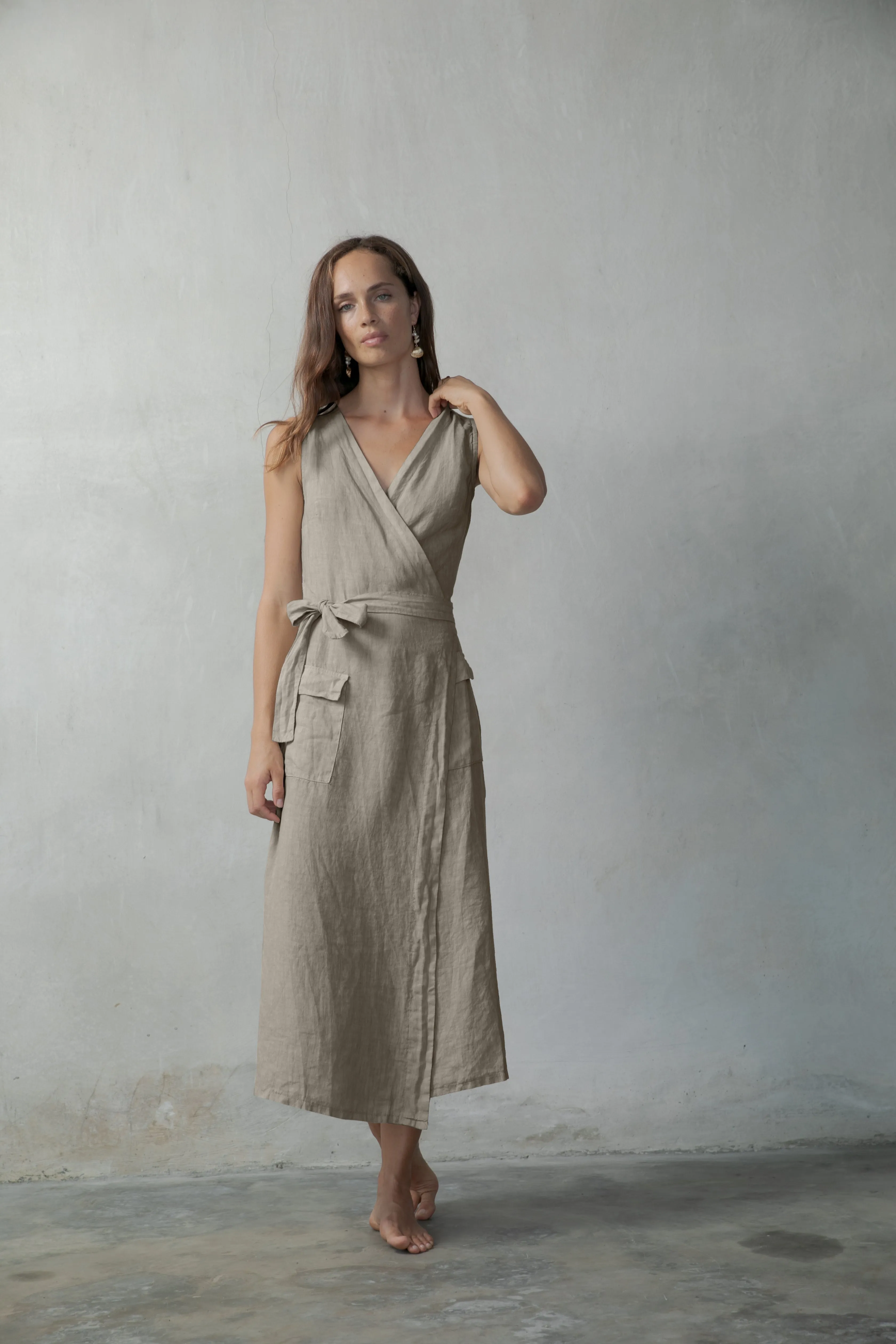 Safari Linen Wrap Dress Oatmeal Beige