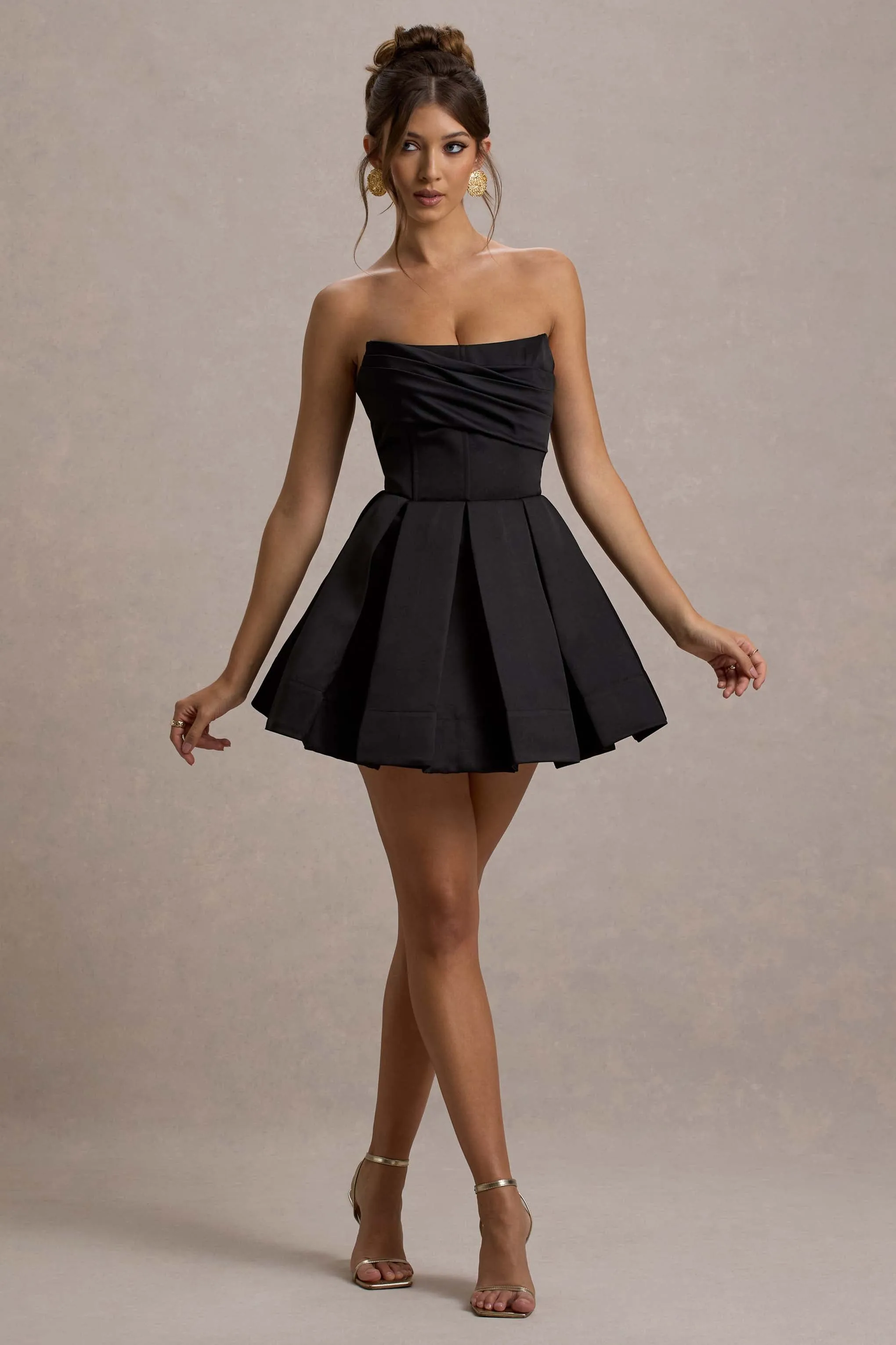 Saira | Black Satin Strapless Skater Mini Dress