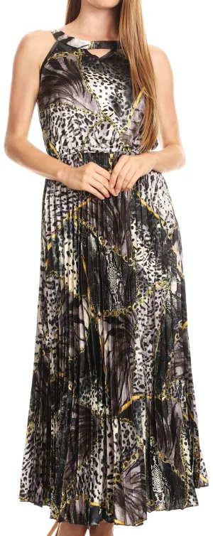 Sakkas Vanna Sleeveless Exotic Animal Print Casual Evening Dress Pleated Satin