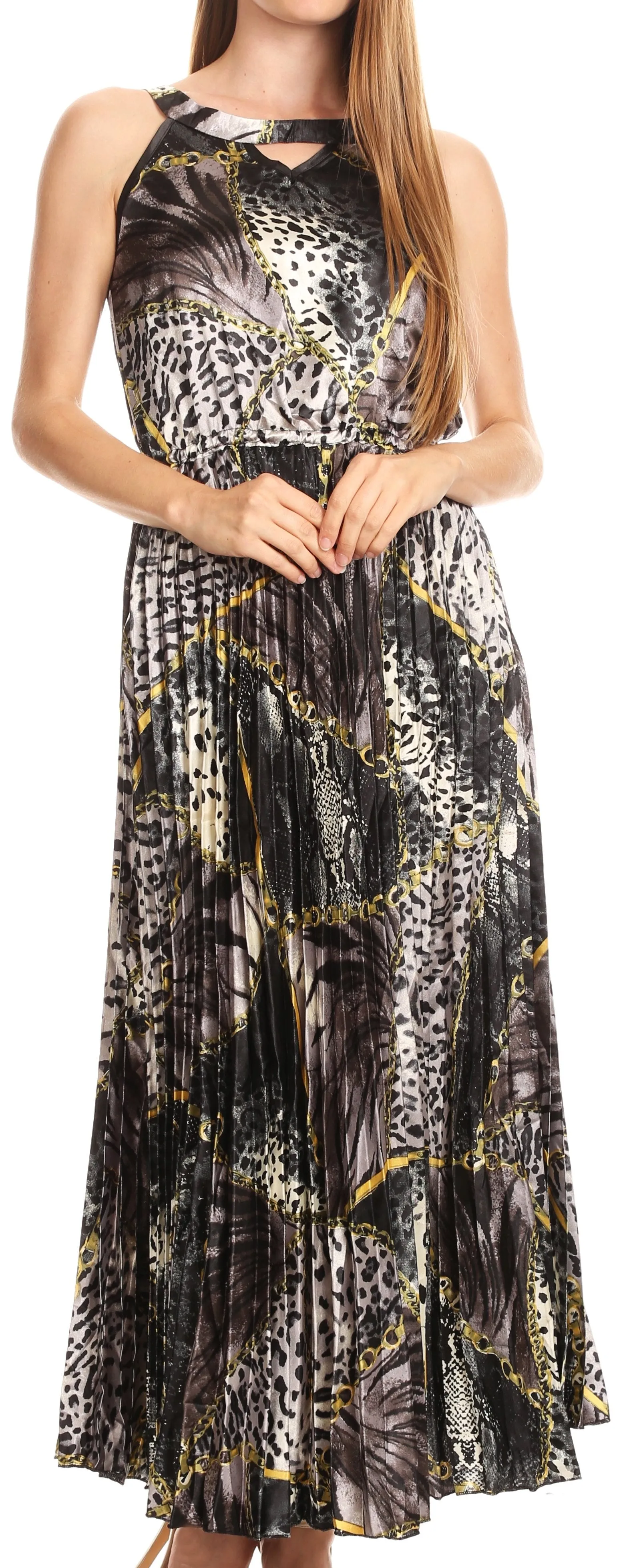 Sakkas Vanna Sleeveless Exotic Animal Print Casual Evening Dress Pleated Satin