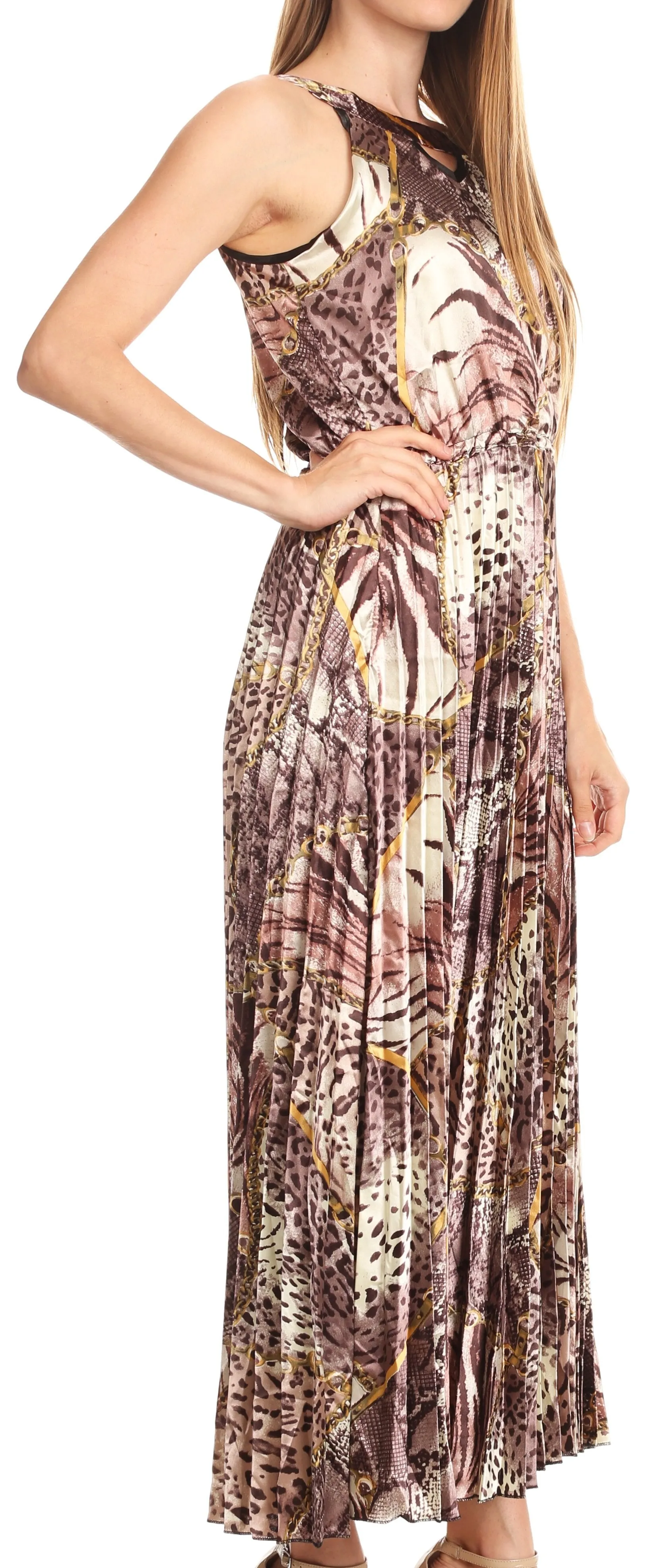 Sakkas Vanna Sleeveless Exotic Animal Print Casual Evening Dress Pleated Satin