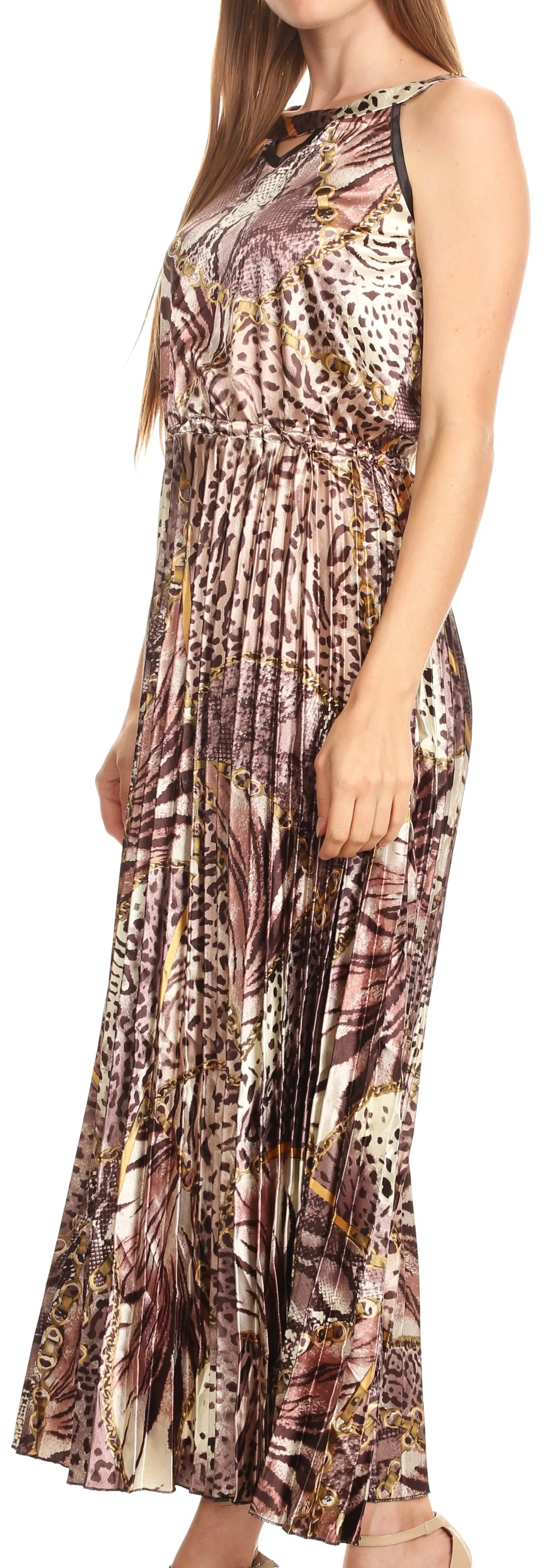 Sakkas Vanna Sleeveless Exotic Animal Print Casual Evening Dress Pleated Satin