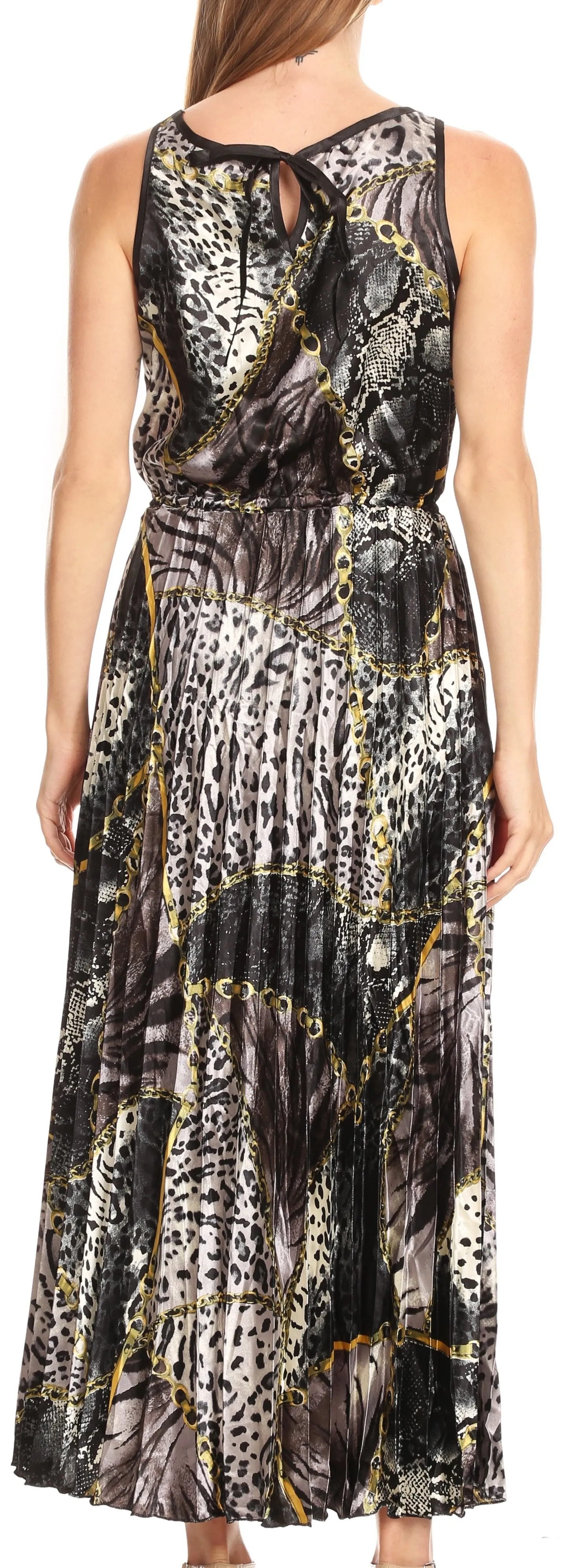 Sakkas Vanna Sleeveless Exotic Animal Print Casual Evening Dress Pleated Satin