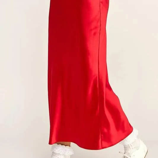 Satin Effect Red Satin Midi Skirt