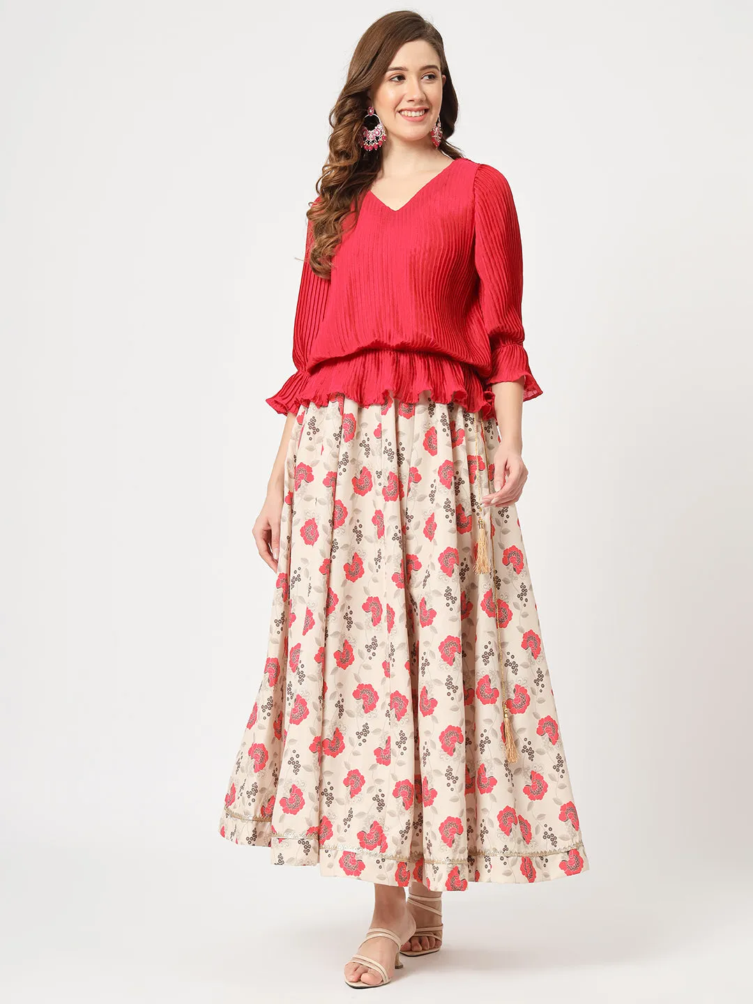 Self Pleated Top With Digital Printed Flared Skirt Set