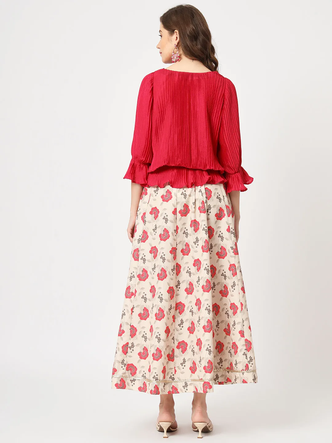 Self Pleated Top With Digital Printed Flared Skirt Set