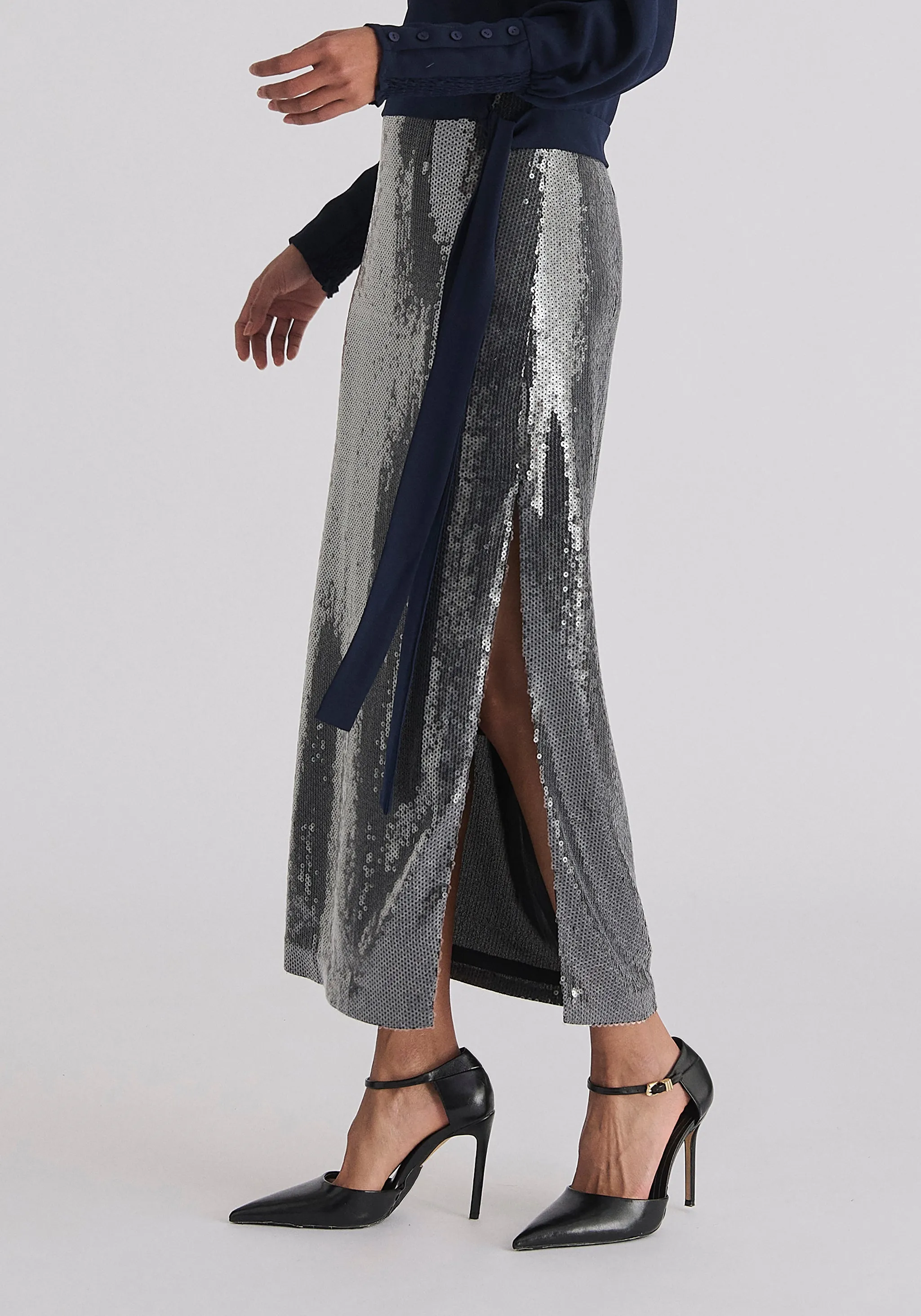 Sequin Midi Skirt with Side Slit