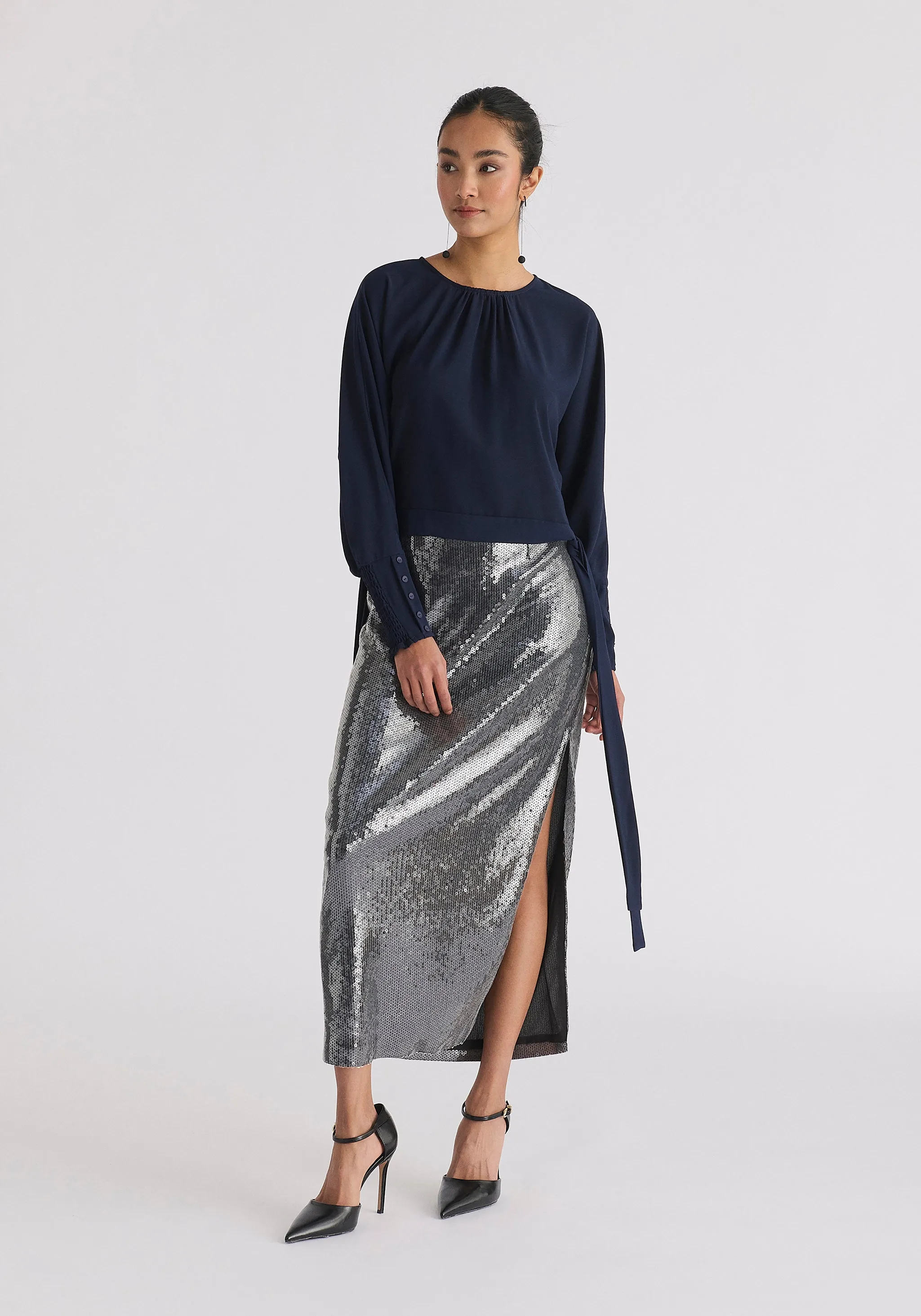 Sequin Midi Skirt with Side Slit