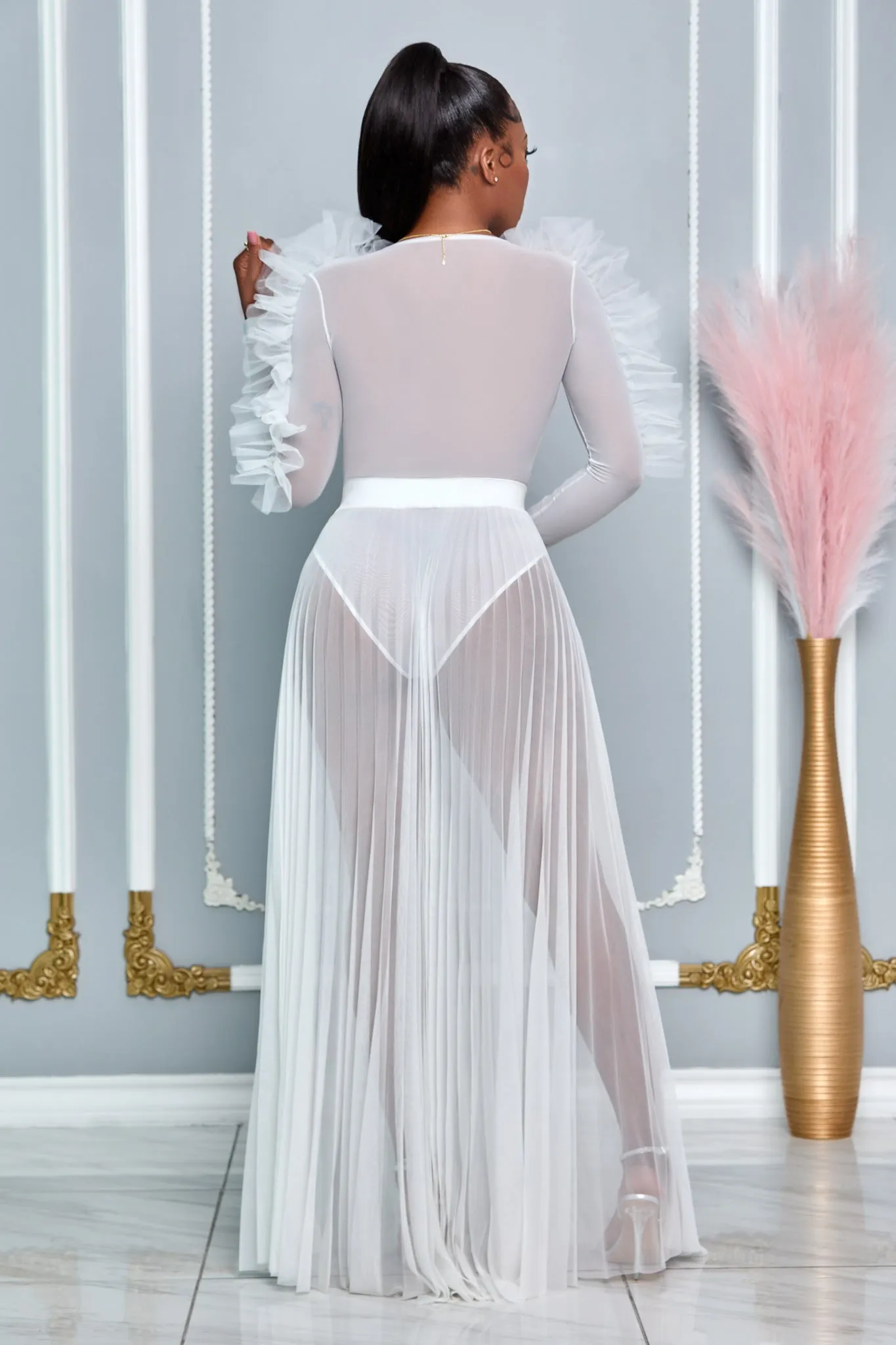 SHEER PLEATED MAXI SKIRT - SKIRT ONLY (WHITE)