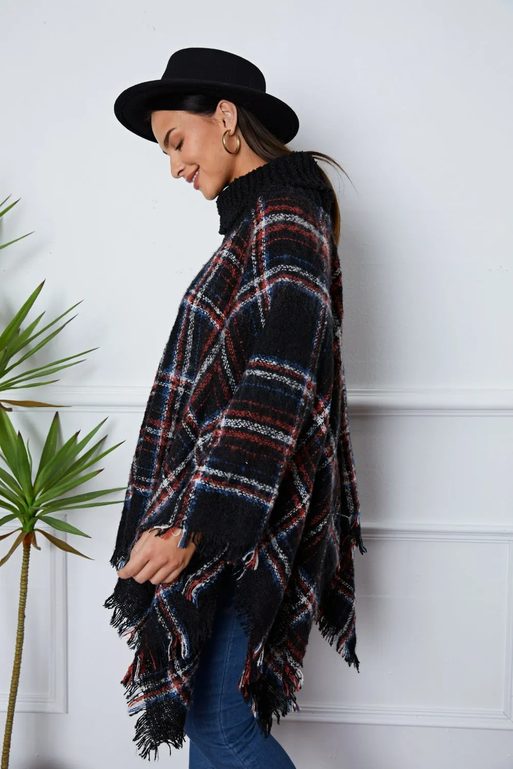 Shiny Turtleneck Plaid Raw Hem Sweater