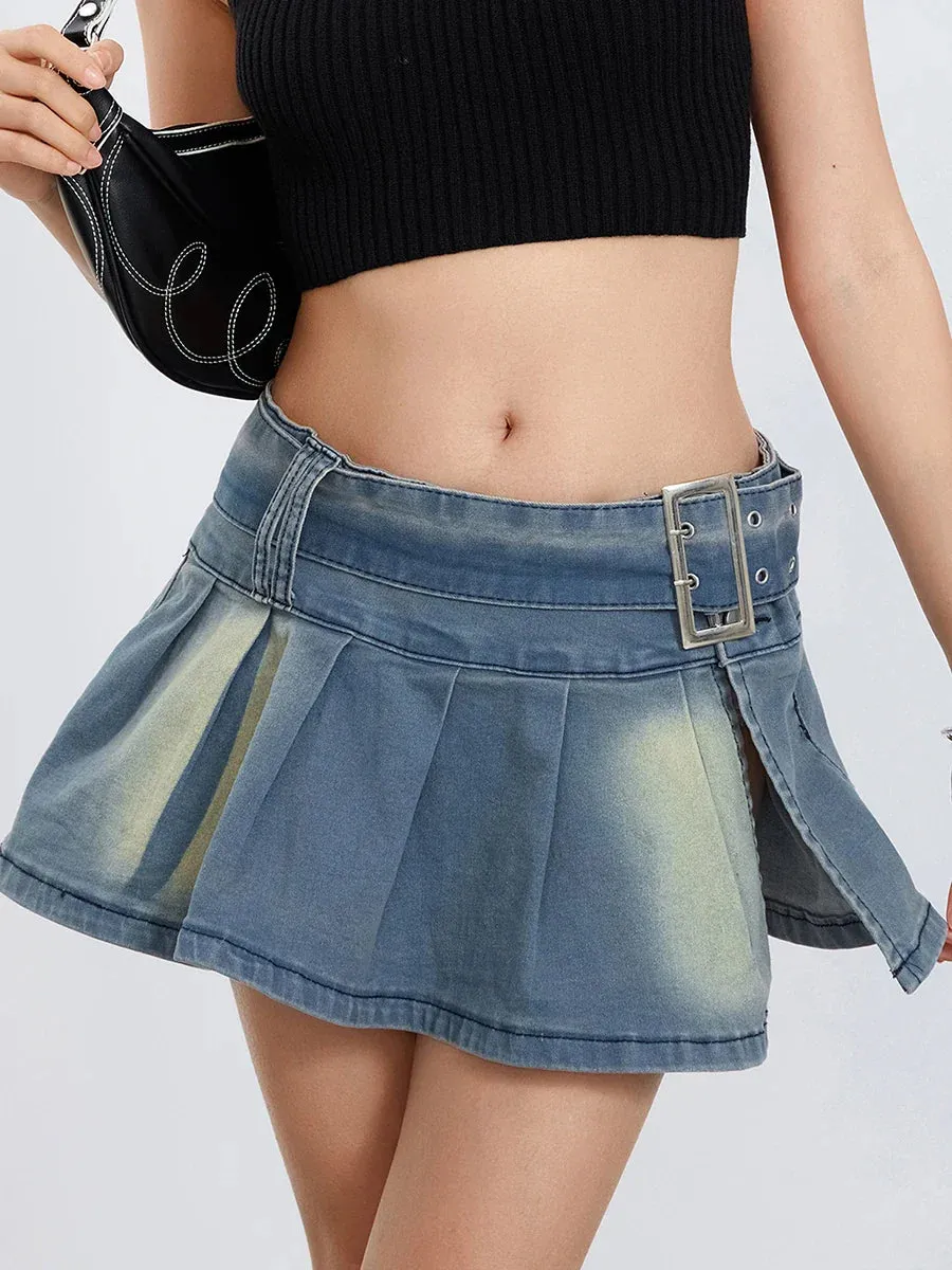 Slim A-line Pleated Ruffle Short Denim Low Rise Mini with Belt Casual Skirt