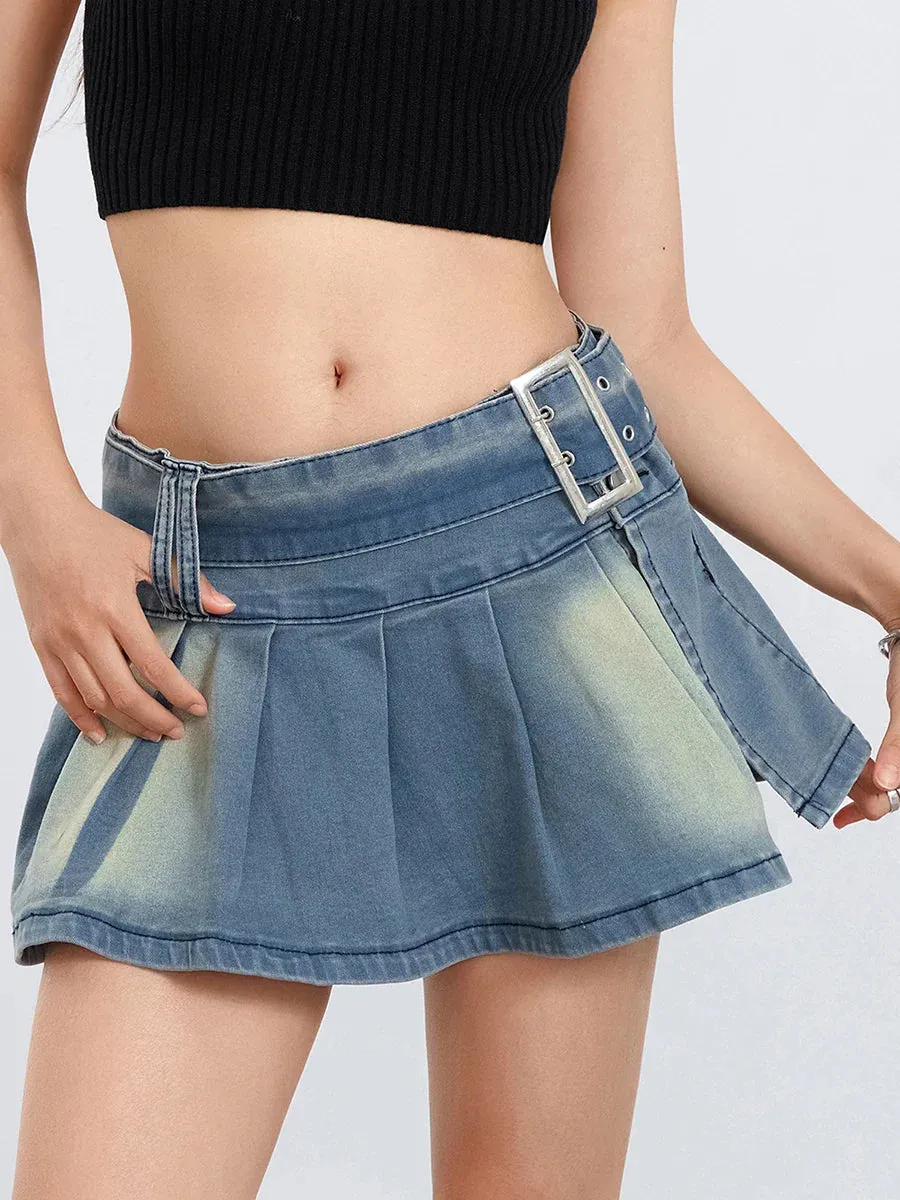 Slim A-line Pleated Ruffle Short Denim Low Rise Mini with Belt Casual Skirt