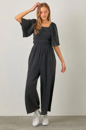 Smocked Wide Leg Jumpsuit Charcoal