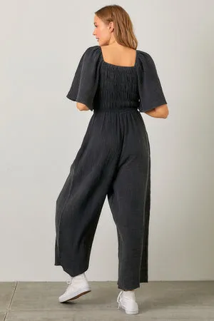 Smocked Wide Leg Jumpsuit Charcoal