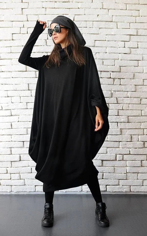 Soft Loose Turtleneck Dress In Black