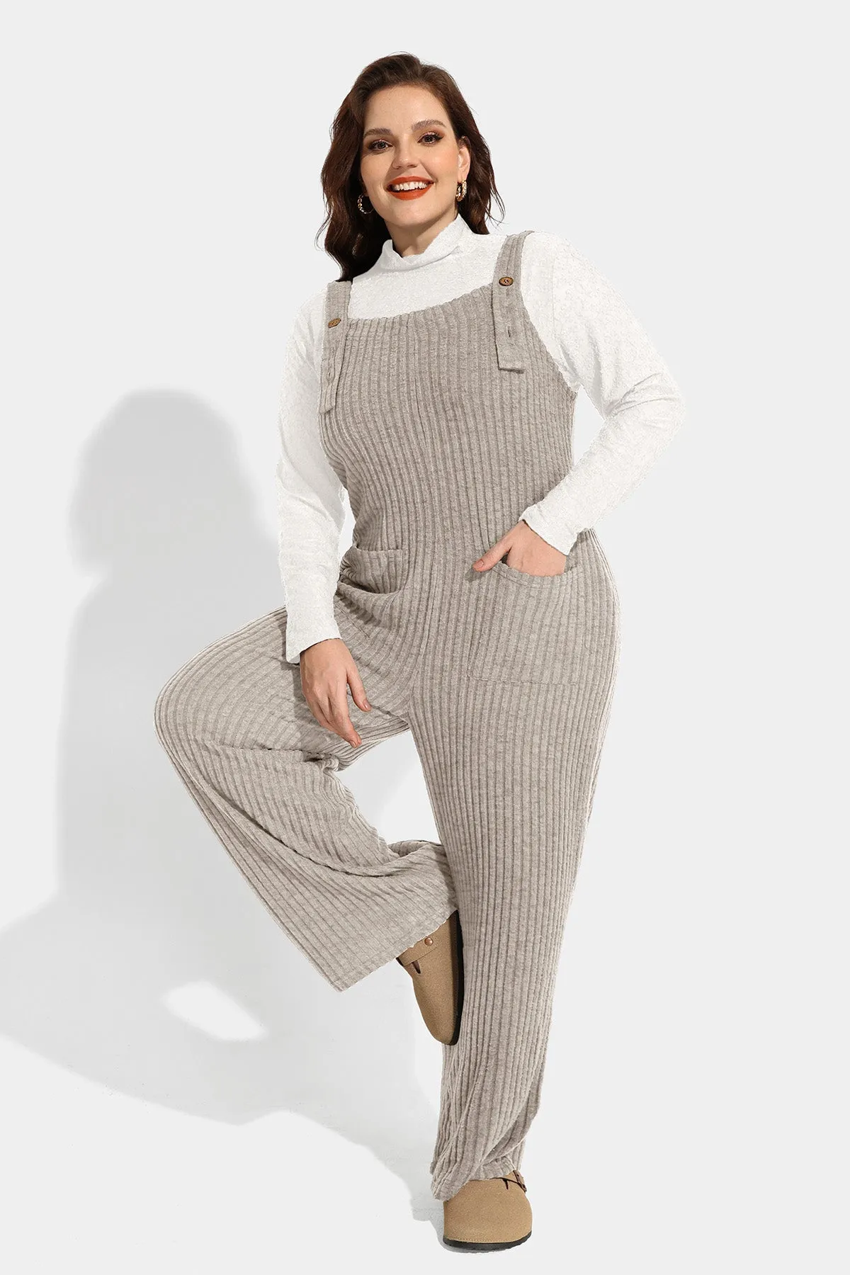 Solid Adjustable Straps Wide Leg Pocket Knit Jumpsuit