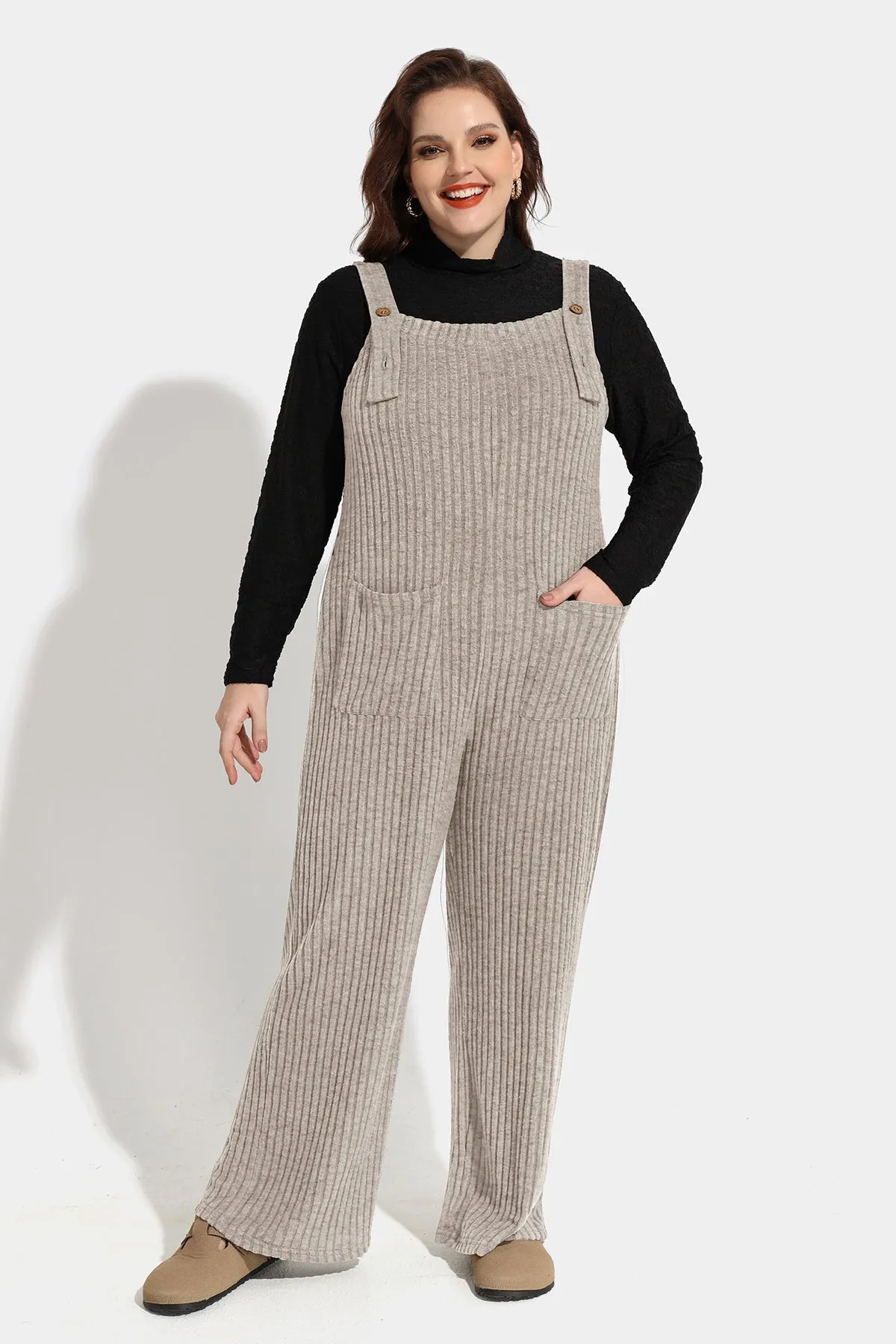 Solid Adjustable Straps Wide Leg Pocket Knit Jumpsuit